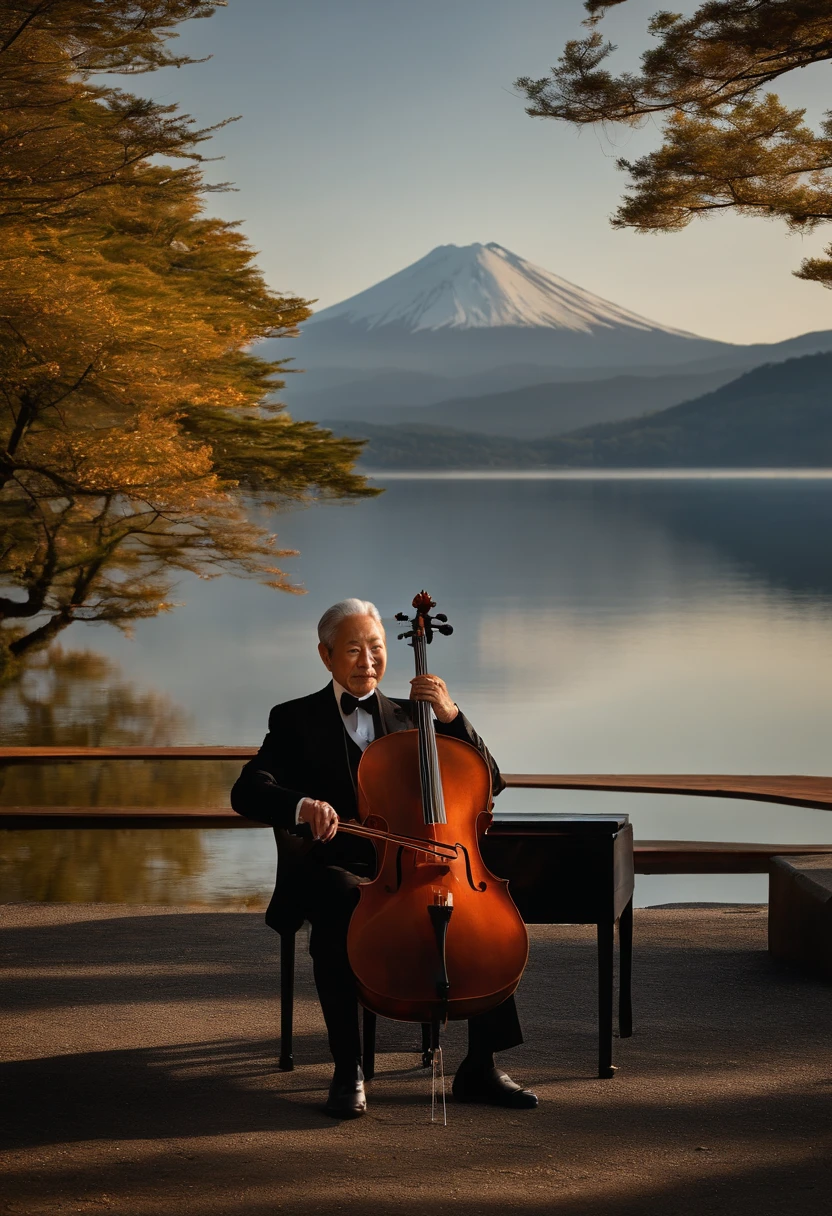 (Best quality, realistic, photorealistic: 1.37), Elegant, Japanese man in his 70s wearing a tuxedo, with a beard, sitting on a chair and playing the cello, holding a bow in his right hand. Lake Yamanaka, Japan's Mt. Fuji in the background of the lake, two swans swimming in the lake, bright colors, soft lighting, Brad Bitt's face,
