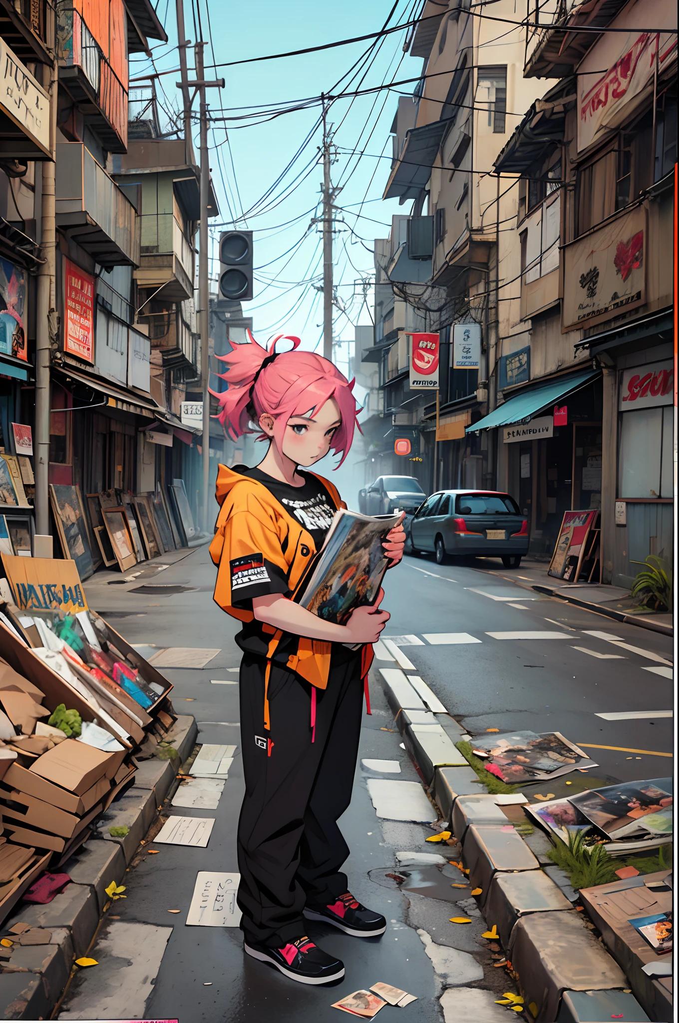 anime girl is posing for a photo of old magazines, in the style of punk-inspired art, comic art --auto --s2