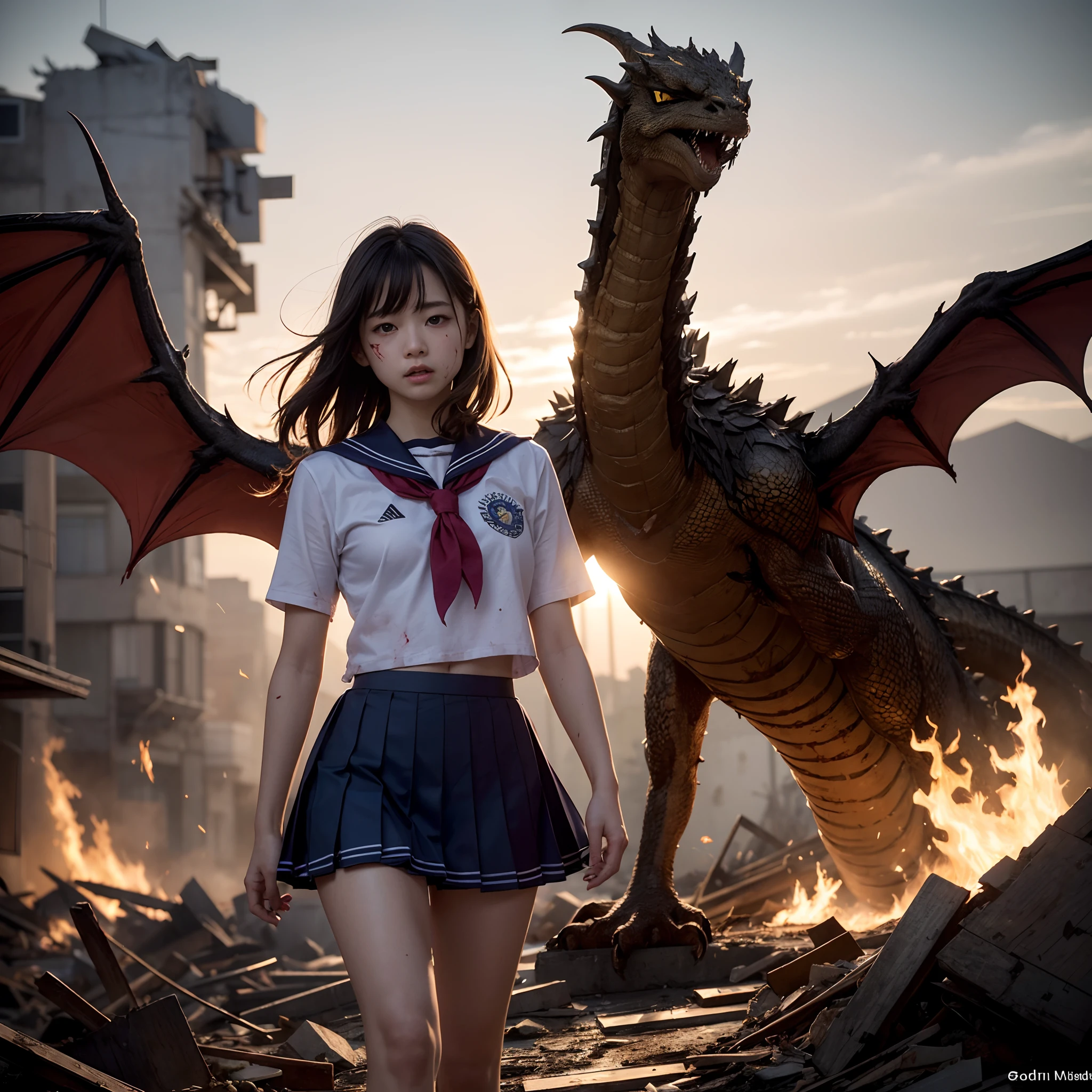 (in 8K、RAW Photos、top-quality、masterpiece:1.2)、(realisitic、Photorealsitic:1.37)、ultra-detailliert、超A high resolution、(King Ghidorah、Golden Dragon:1.2)、Beautiful 15-year-old high school girl in Japan attacked by giant King Ghidorah in devastated Tokyo、terrified expression、School Uniforms、 Uniform、(Torn and dirty tattered sailor suit:1.2)、disheveled clothing、ripped fabric、(Clothes with blood stains:1.2)、Short pleated skirt、(Torn skirt:1.2)、Dirty hair、smudged face、(skin stained with blood and dust:1.2)、Running through the rubble、building crumbling、Burning flame、stunningly beautiful face、dynamic ungle、Dynamic Lighting