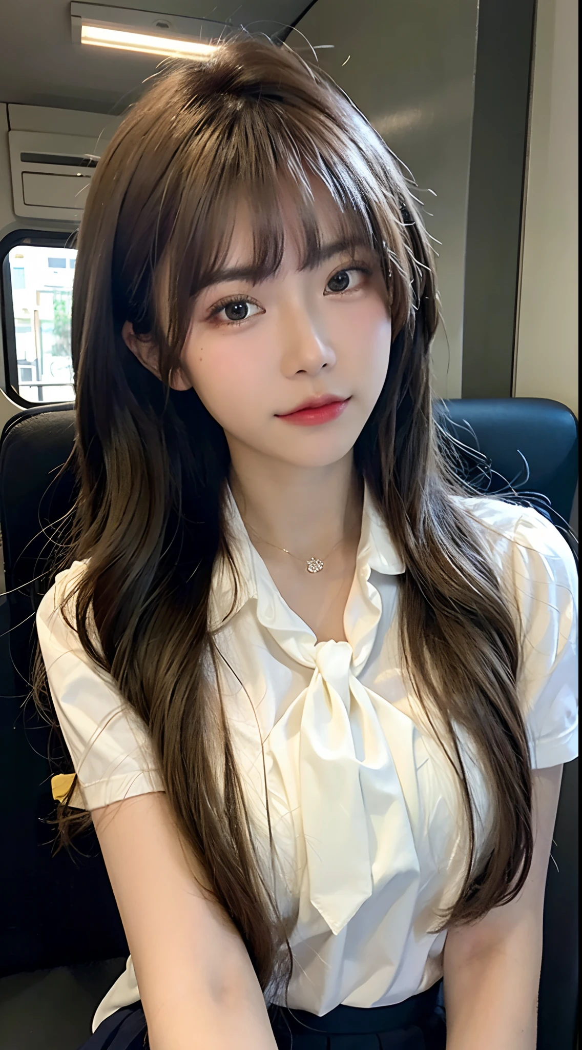 (masterpiece, bestquality:1.2), 10, 15 me, 85 mm., official art, RAW photo, Absurd, white blouse, pretty face, Up Close, Upper body, Violaceaess, Gardenia, beautiful girl, School uniform, (Navy pleated skirt:1.1), Curly waist, thights, short sleeves, In the train, Sit on the bench seat........, looking at the audience, no makeup, (smile:0.4), grain of film, Chromatic aberration, crisp focus, face lights, Clear lighting, adolescent, detailed face, Bokeh background, (Dark red tie:1.1)