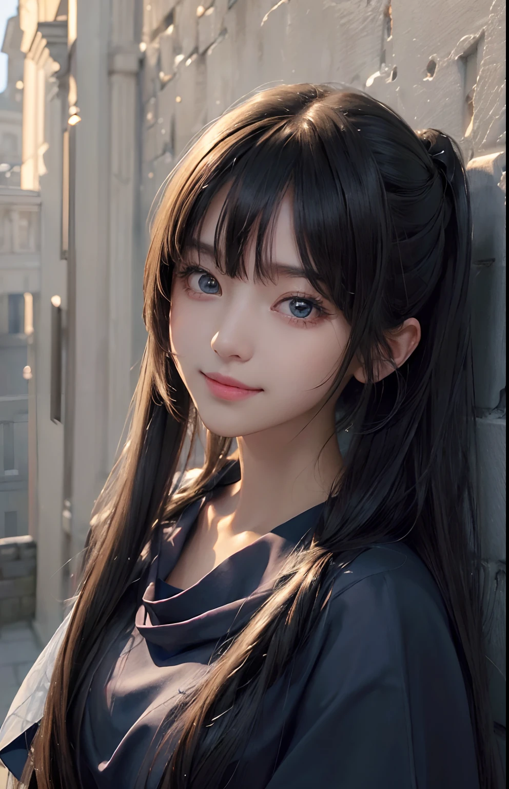 (A hyper-realistic)、(illustratio)、(hight resolution)、(8K)、(ighly detailed)、(Best Illustration)、(beautifully detailed eyes)、(top-quality)、(ultra-detailliert)、(masterpiece)、(wall-paper)、(A detailed face)、独奏、1 girl in、looking at viewert、fine detailed、A detailed face、in the darkness nigth、deep-shadows、lowkey、pureerosfaceace_v1、A smile、twin-tail hair、Blue Shawl Straight Hair、46-point diagonal bangs