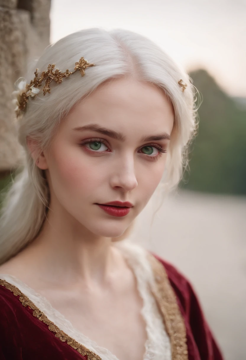 (((a deep reddish wound crosses her left cheek))) fair complexion, woman around 19 years old, natural white hair, distinctive green eyes, wearing kohl, slender and graceful, beautiful, candlelight in a medieval setting, ultra sharp focus, realistic shot, medieval female clothes, tetradic colors (scar:1.4)