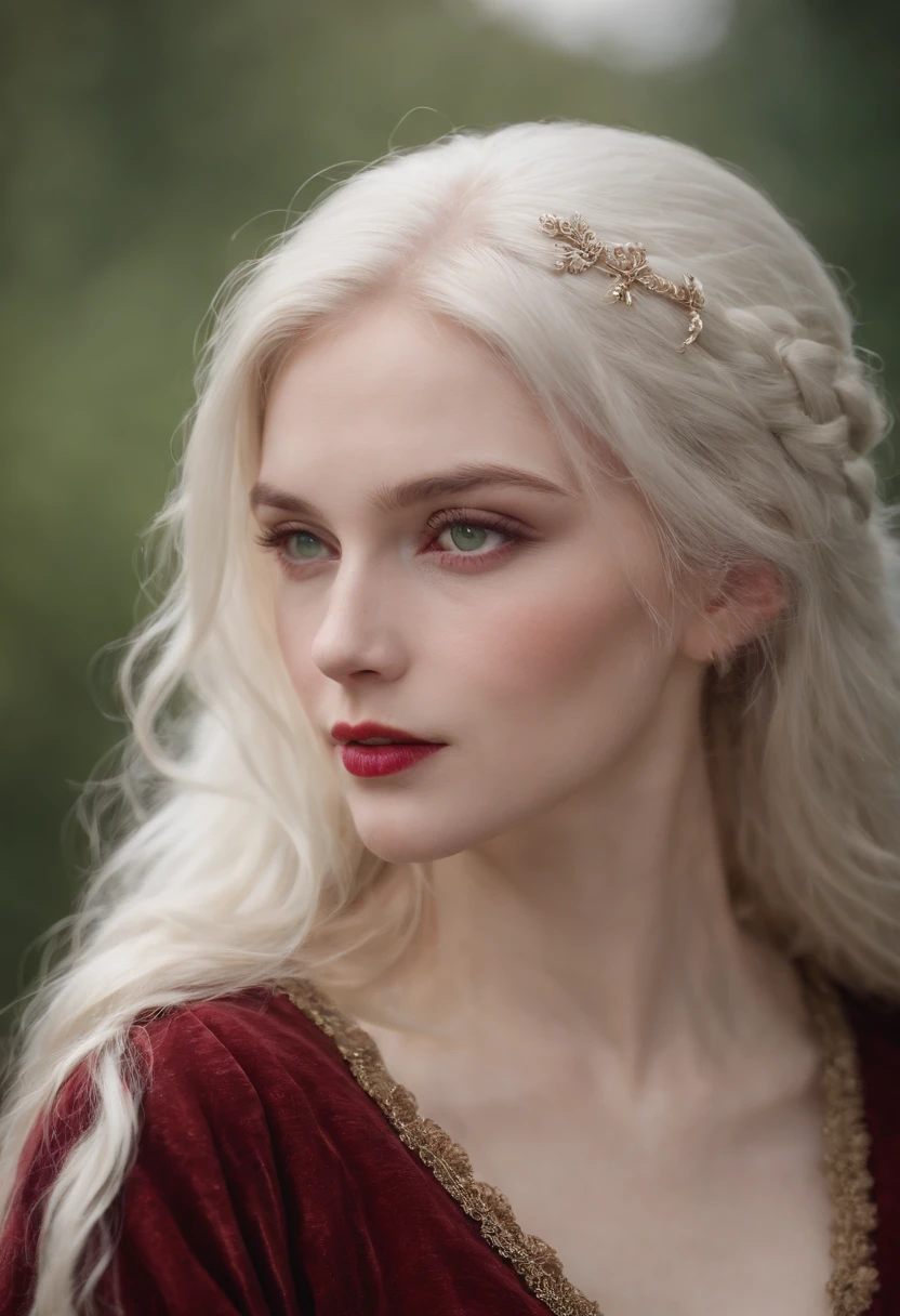 (((a deep reddish wound crosses her left cheek))) fair complexion, woman around 19 years old, natural white hair, distinctive green eyes, wearing kohl, slender and graceful, beautiful, candlelight in a medieval setting, ultra sharp focus, realistic shot, medieval female clothes, tetradic colors (scar:1.4)