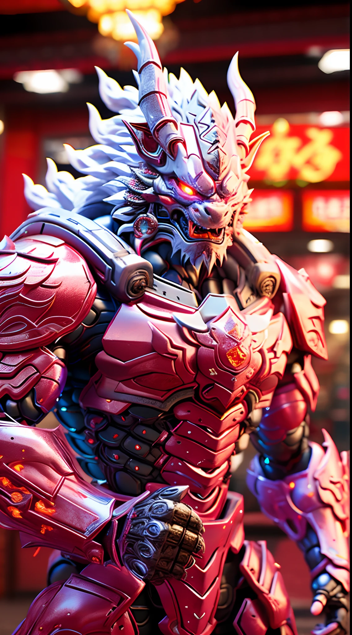 CHINESE DRAGON, DRAGON HEAD, HEAVY CRYSTAL ARMOR, TRANSPARANT, MUSCLE BODY.