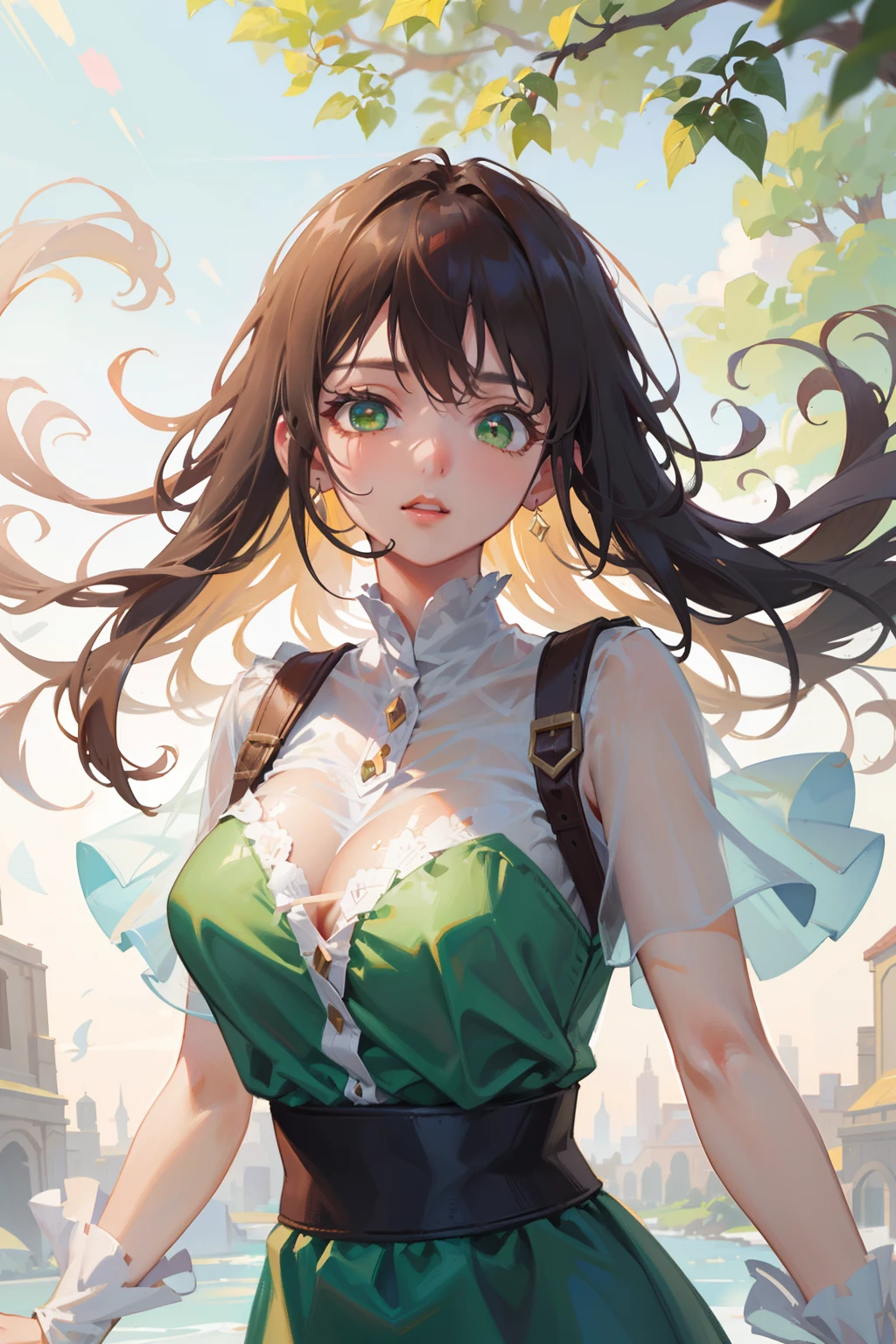 (masterpiece), (best quality), ultra high res, warm pastel tone, upper body, (from ground), lens flare, ((1 mature woman, solo)), very stunning and gorgeous mature woman, beautiful detailed hair, chestnut brown hair, smooth long hair, flowing hair by wind, beautiful detailed face, perfect beautiful face, ((beautiful shape eyes, green eyes)), look at the viewer, comfortable face, open lips, feminine see-through light outfit, at the woods