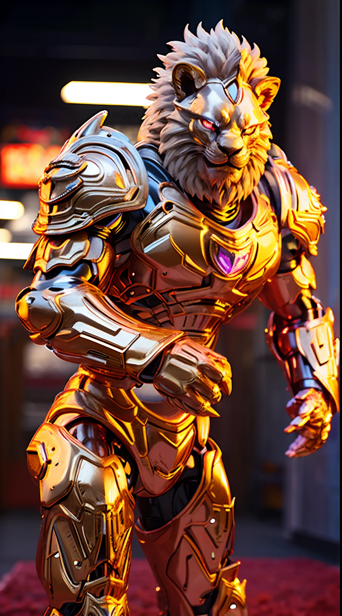 CHINESE LION, LION HEAD, HEAVY CRYSTAL ARMOR, TRANSPARANT, MUSCLE BODY.