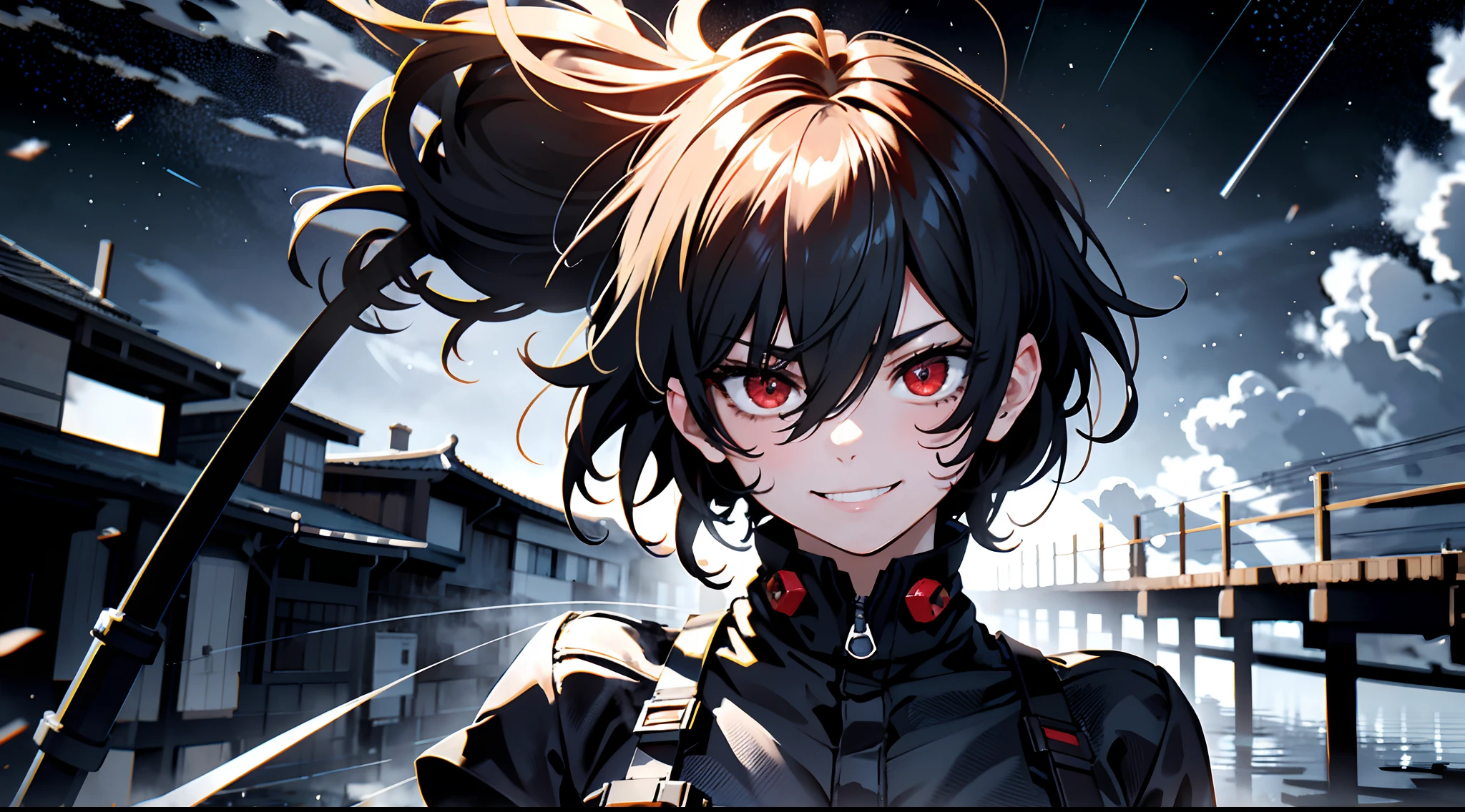 Absurd resolution、hight resolution、(masterpiece:1.4)、ultra-detailliert、From above、Adonis、Boy Universe、masterpiece, accel_nffsw, (mad face:1.2), (Crazy smile:1.3), crutch, Silvery hair,red eyes glowing, Lunette de soleil,up close shot, Swirling wind, Lightning around the character, Complex background of the night, ighly detailed, (murky:1.3), murky, The dim, nffsw, vignettes, Unclean