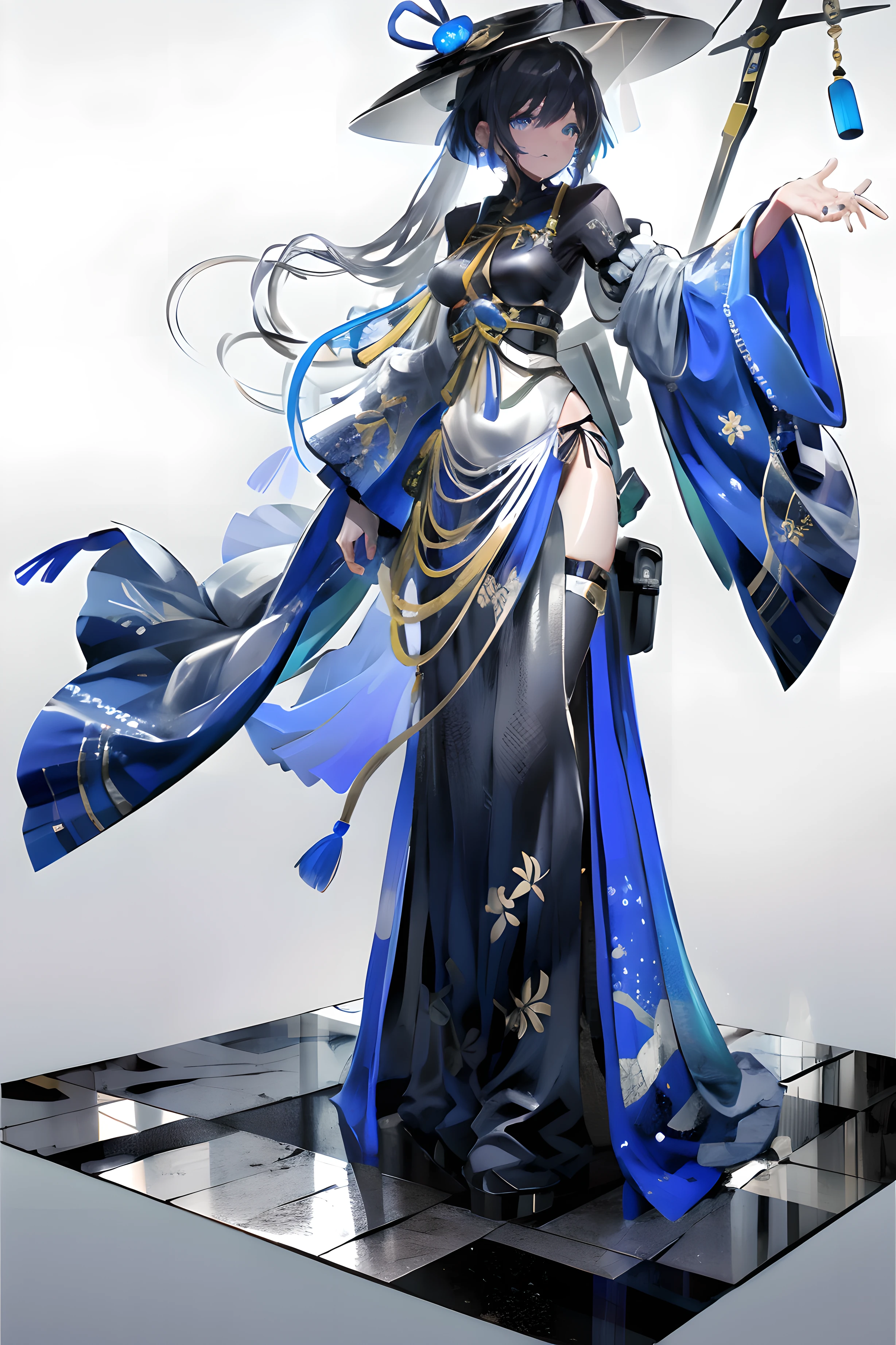 A Japanese Lady, Simple photorealistic beautiful.,校服,Mostly black,Blue eyes