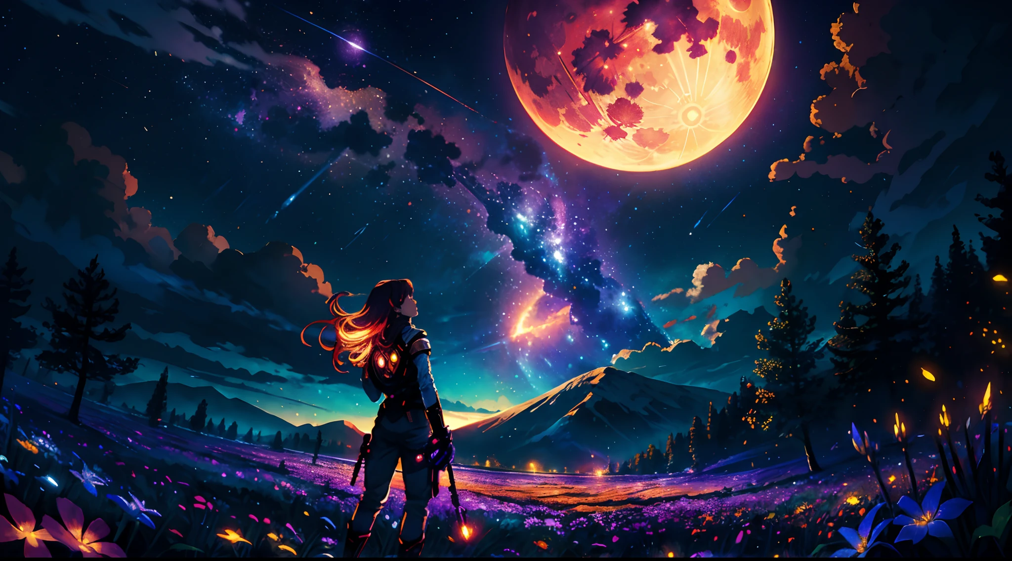 expansive landscape photograph , (a view from below that shows sky above and open field below), a girl standing on flower field looking up, (full moon:1.2), ( shooting stars:0.9), (nebula:1.3), distant mountain, tree BREAK
production art, (warm light source:1.2), (Firefly:1.2), lamp, lot of purple and orange, intricate details, volumetric lighting BREAK
(masterpiece:1.2), (best quality), 4k, ultra-detailed, (dynamic composition:1.4), highly detailed, colorful details,( iridescent colors:1.2), (glowing lighting, atmospheric lighting), dreamy, magical, (solo:1.2)