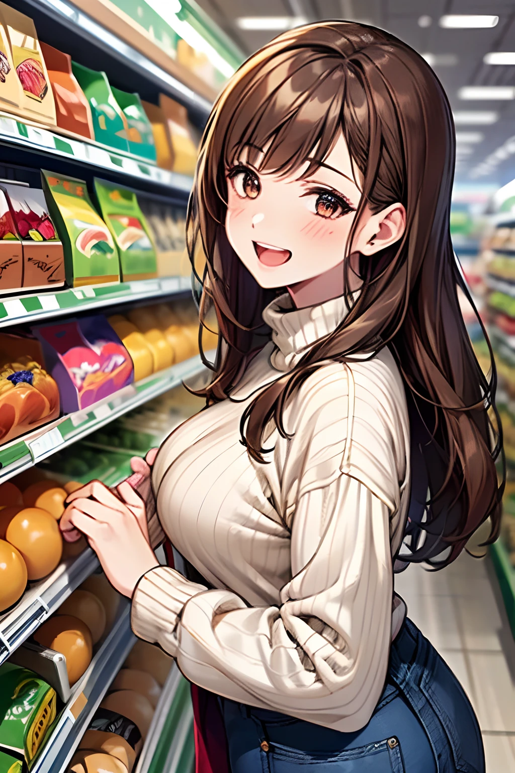 ((1girl in)), Curate, Anatomically correct, Super Detail, top-quality, Very delicate, The upper part of the body, Very petite and cute girl , (Breasts are big:1.5), very baby face, Brown hair, loose and fluffy semi-long hair, White long sleeve sweater, Denim skirt, Shopping at the supermarket, Laughing with open mouth, from the front side