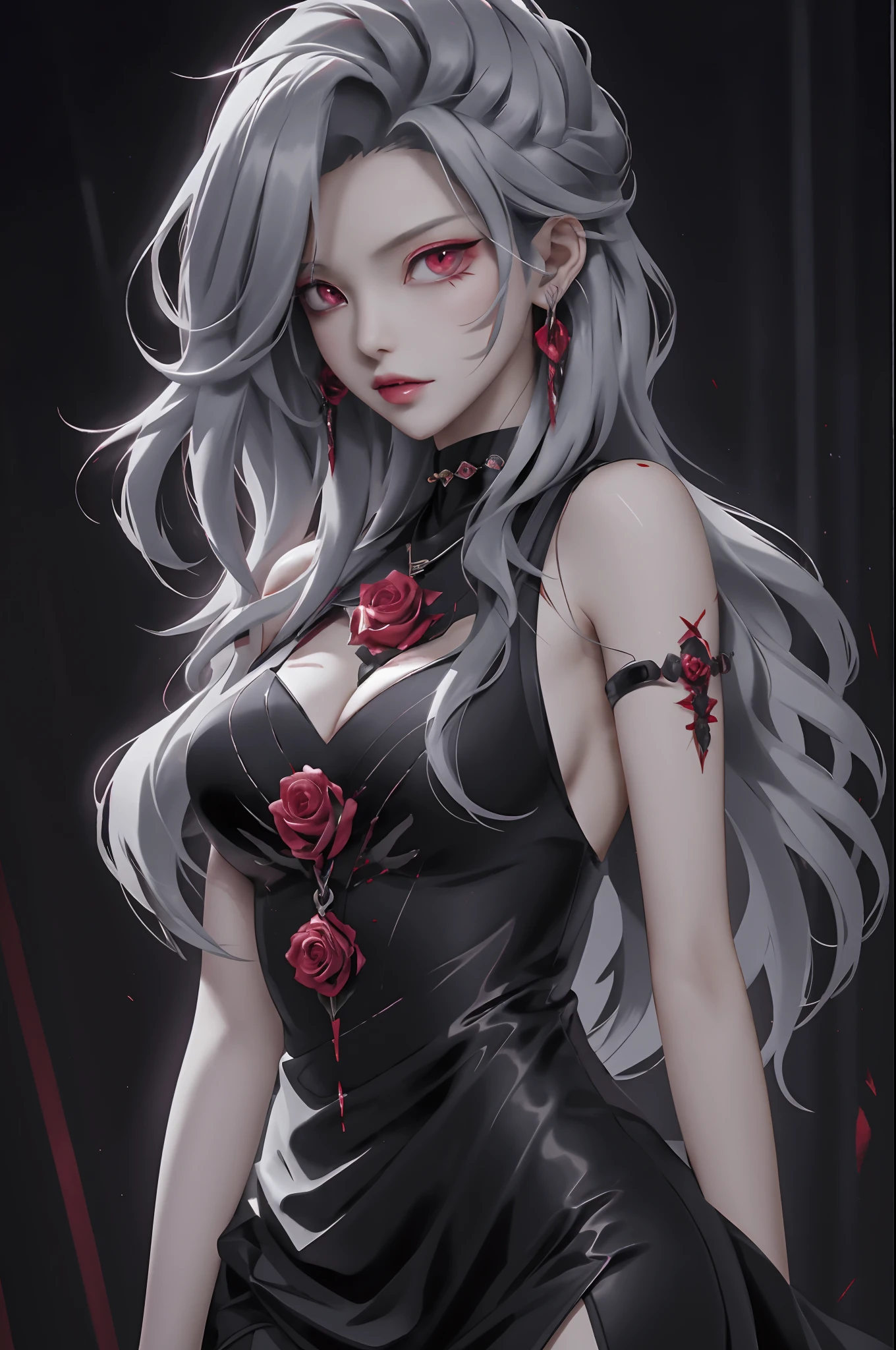 best quality, 1girl, solo, long hair, black dress, looking at viewer, upper body, gray hair, roses in hair, blood red eyes, stretcher missing