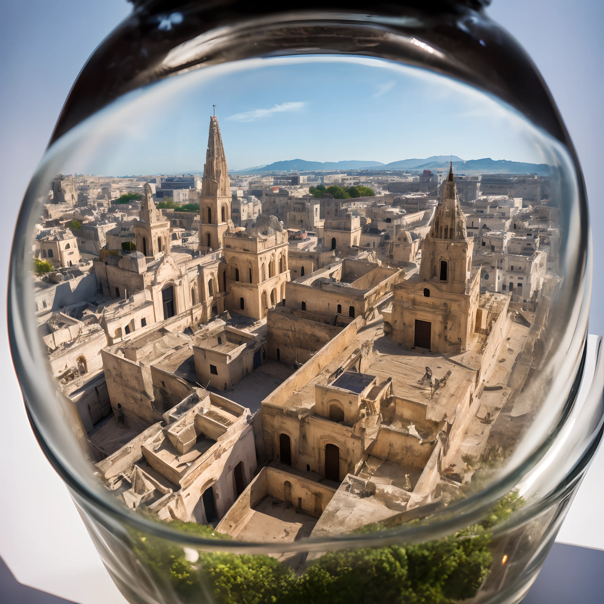 Cathedral of Matera with bell tower inside a square glass jar with lid, placing on the windowsill, extremely detailed, 8K, apocalyptic punk style, miniatures, macro photography in close-up