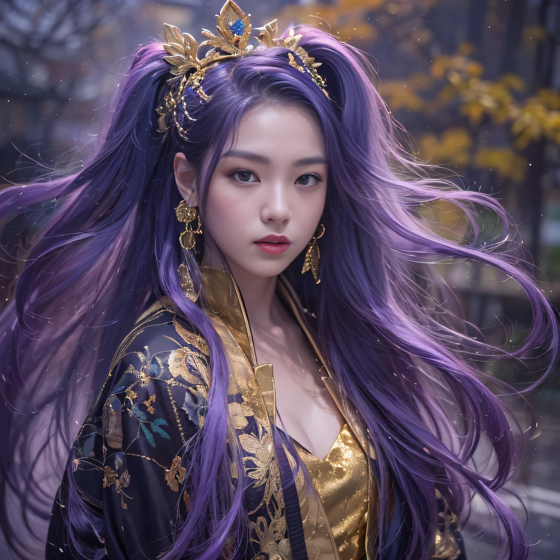 Genki Girl 32K（tmasterpiece，k hd，hyper HD，32K）Long flowing bright purple hair，Autumn Pond，zydink， a color， Asian people （Genki girl）， （Silk scarf）， Combat posture， looking at the ground， long whitr hair， Floating bright purple， Fire cloud pattern gold tiara， Chinese long-sleeved gold silk garment， （Abstract metaverse splash：1.2）， white backgrounid，Lotus vitality protector（realisticlying：1.4），Bright purple hair，Smoke on the road，The background is pure， A high resolution， the detail， RAW photogr， Sharp Re， Nikon D850 Film Stock Photo by Jefferies Lee 4 Kodak Portra 400 Camera F1.6 shots, Rich colors, ultra-realistic vivid textures, Dramatic lighting, Unreal Engine Art Station Trend, cinestir 800，A girl with long flowing bright purple hair