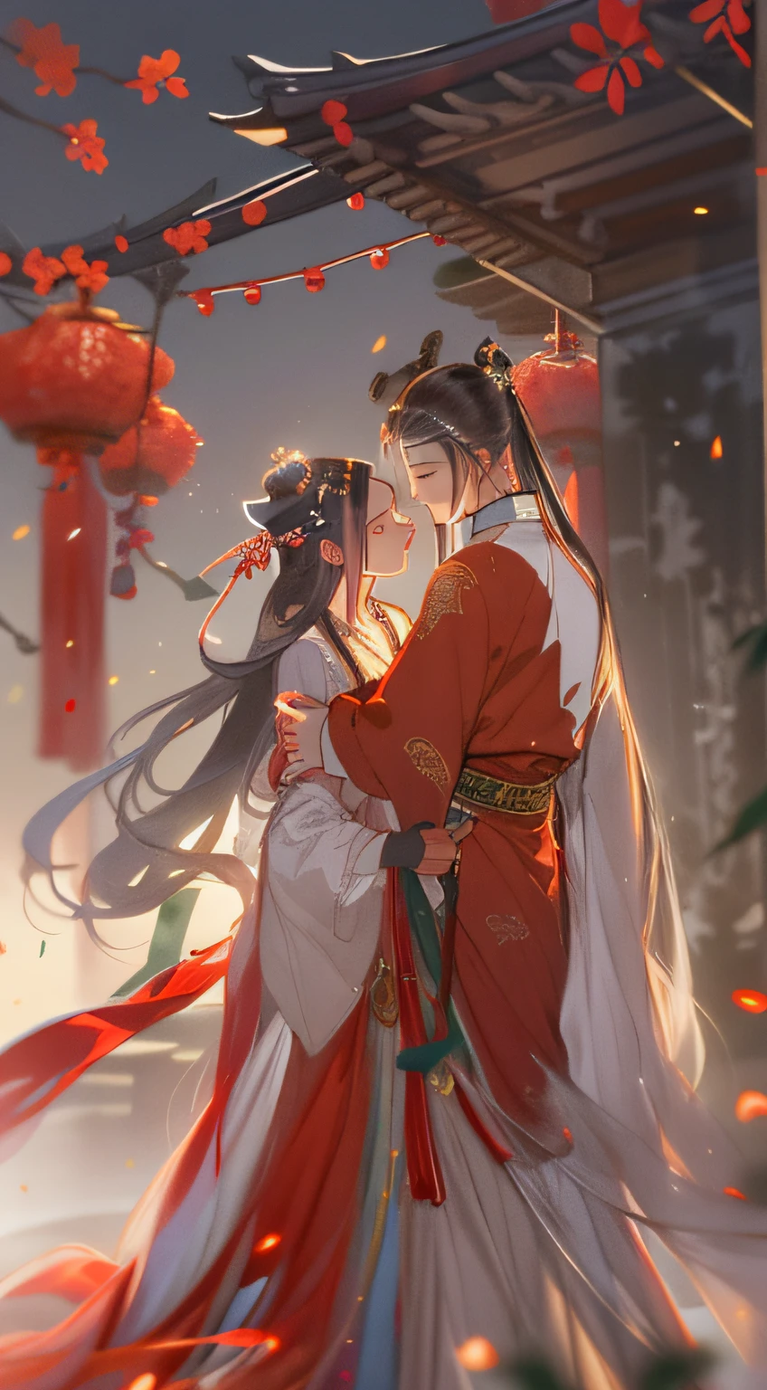 A handsome ancient Chinese boy and a beautiful girl、low chest，fullbody image，Look at each other，Gentle eyes，Clear facial features，wearing a red Hanfu，Kingly temperament，cinematic rim light，The light is delicate，tmasterpiece，ultra - detailed，Epic composition，Super HD，high qulity，HighestQuali，32k