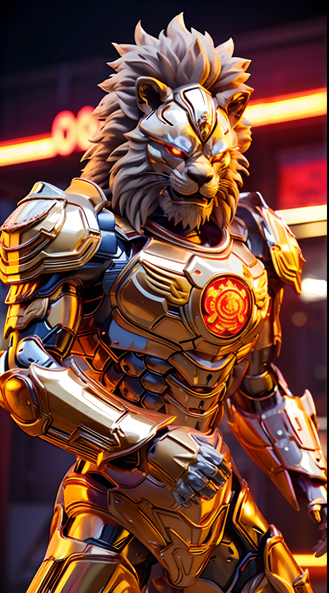 CHINESE LION, LION HEAD, HEAVY CRYSTAL ARMOR, TRANSPARANT, MUSCLE BODY.