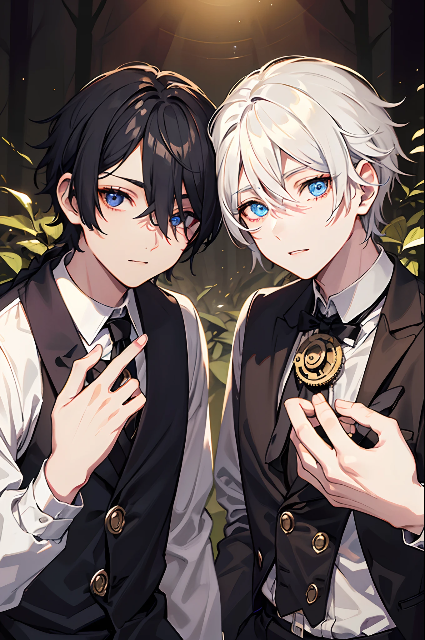 twinks male people Dining in the forest steampunc masterpiece Top image quality Darken shading(light) Clear Improves skin texture cinematic shadow Increased attractiveness of the eyes Lustrous hair Delicate hair {Perfect face} Clear the shine of the eyes Draw eyelashes neatly