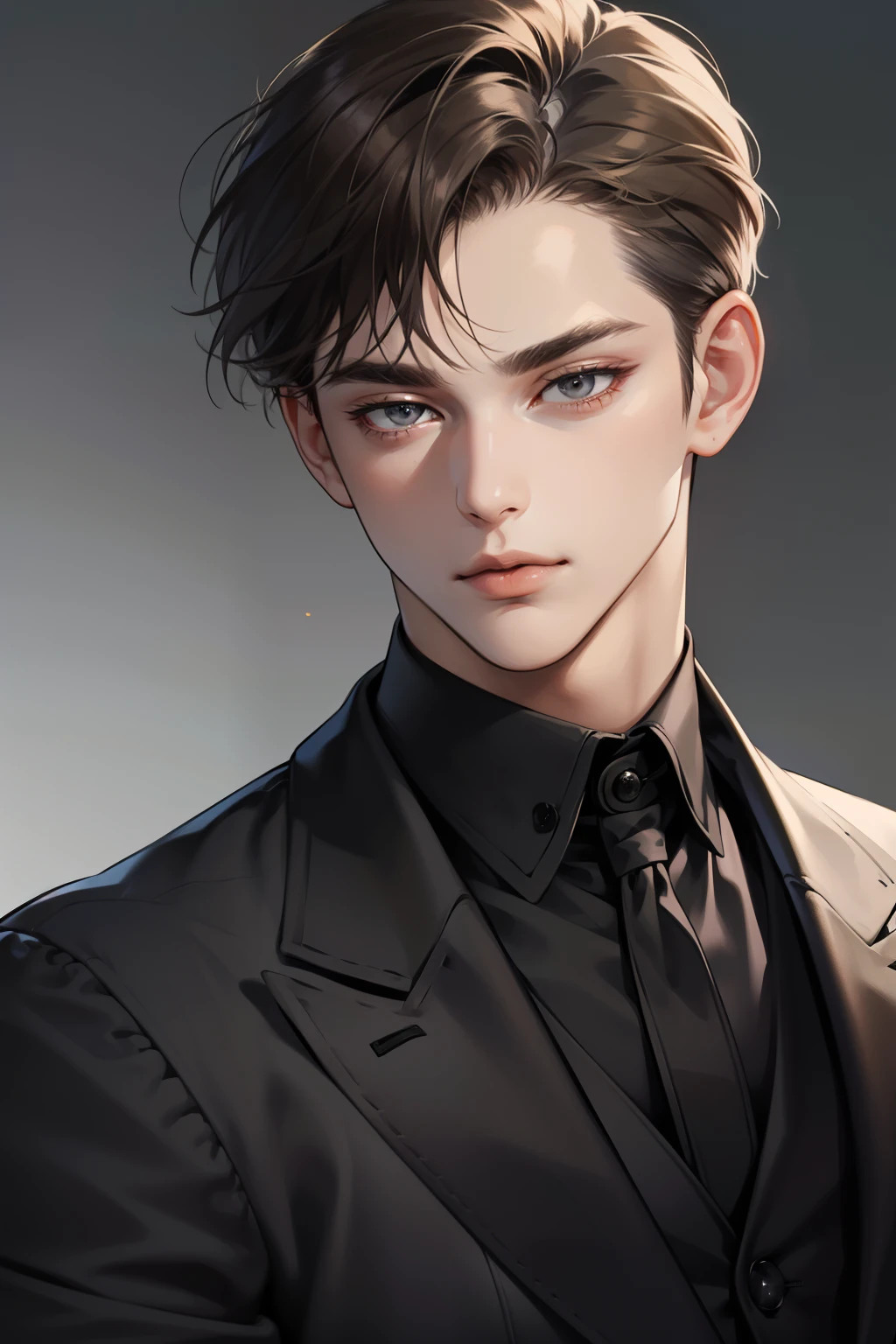 masterpiece, best quality, realistic, 1man, mature male, quiet and charming young man, 25 years old, close his eyes, serious, closed mouth, extremely detailed face, cold, ((dark grey eyes)), ((short-right-swept dark brown hair)), [thick eyebrows], (mafia), ((black suit)), accurate, detailed