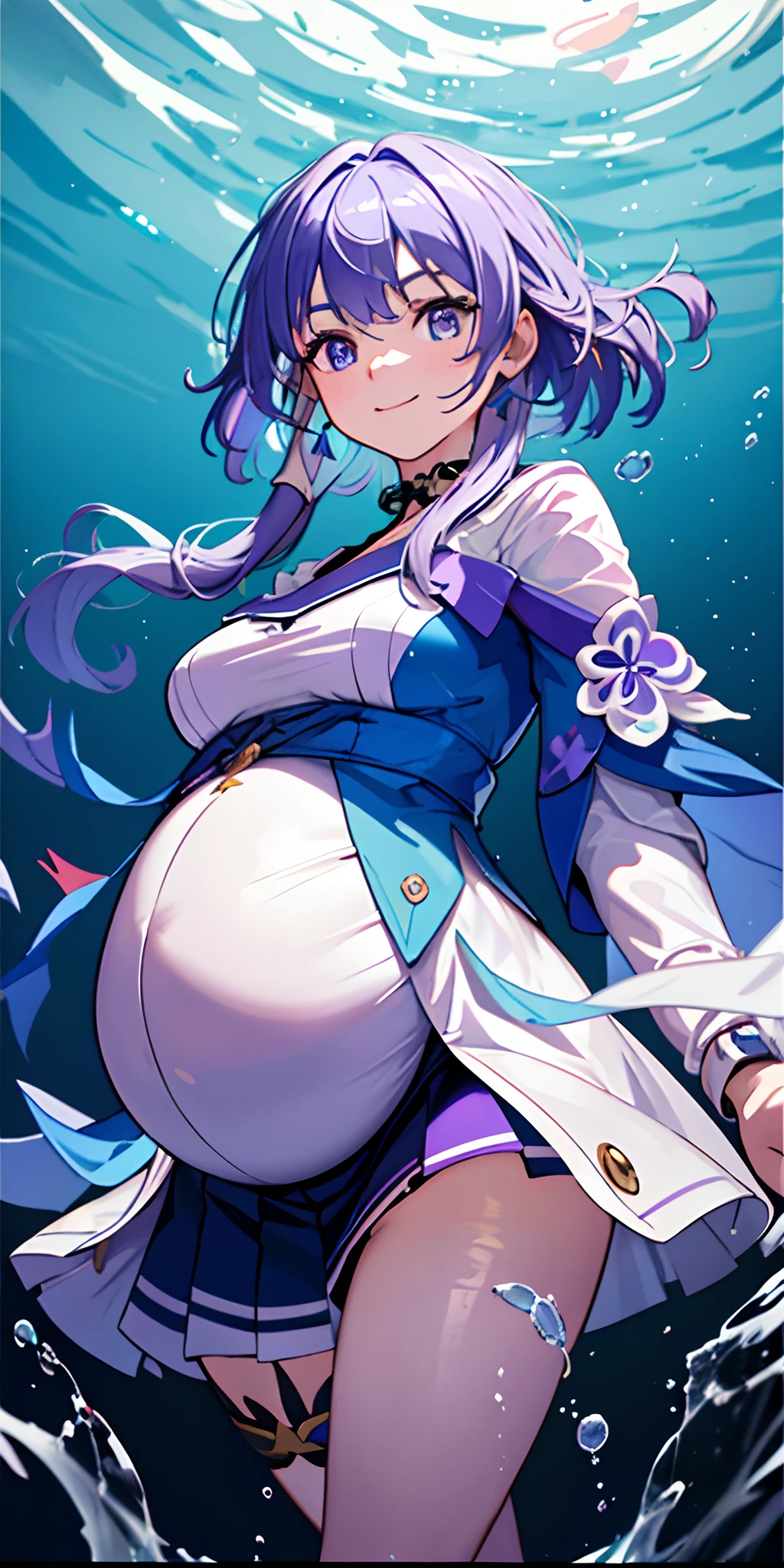 [(Transparent background:1.5)::5],(((Masterpiece))),(((Best quality))),(((Extremely detailed))),illustration, 1girll,Solo,mysterious,vivd colour,Shiny, Underwater transparent sealed blue sky(White hair),(Purple eyes), full bodyesbian,Barefoot,Long hair is calm and natural, Koi,Underwater, Dome,Close up,Dynamic actions,Lens perspective,(((Box composition))),, voluminetric lighting, multi colored eyes, Detailed eyes, ultra - detailed,Light smile, Highly detailed, Beautiful, small detailed, Ultra detailed, Best quality, Intricate, 4K, 8K, trending on artstationh, Good anatomy, Beautiful lighting, Award-winning,Pregnant belly，Pregnant belly