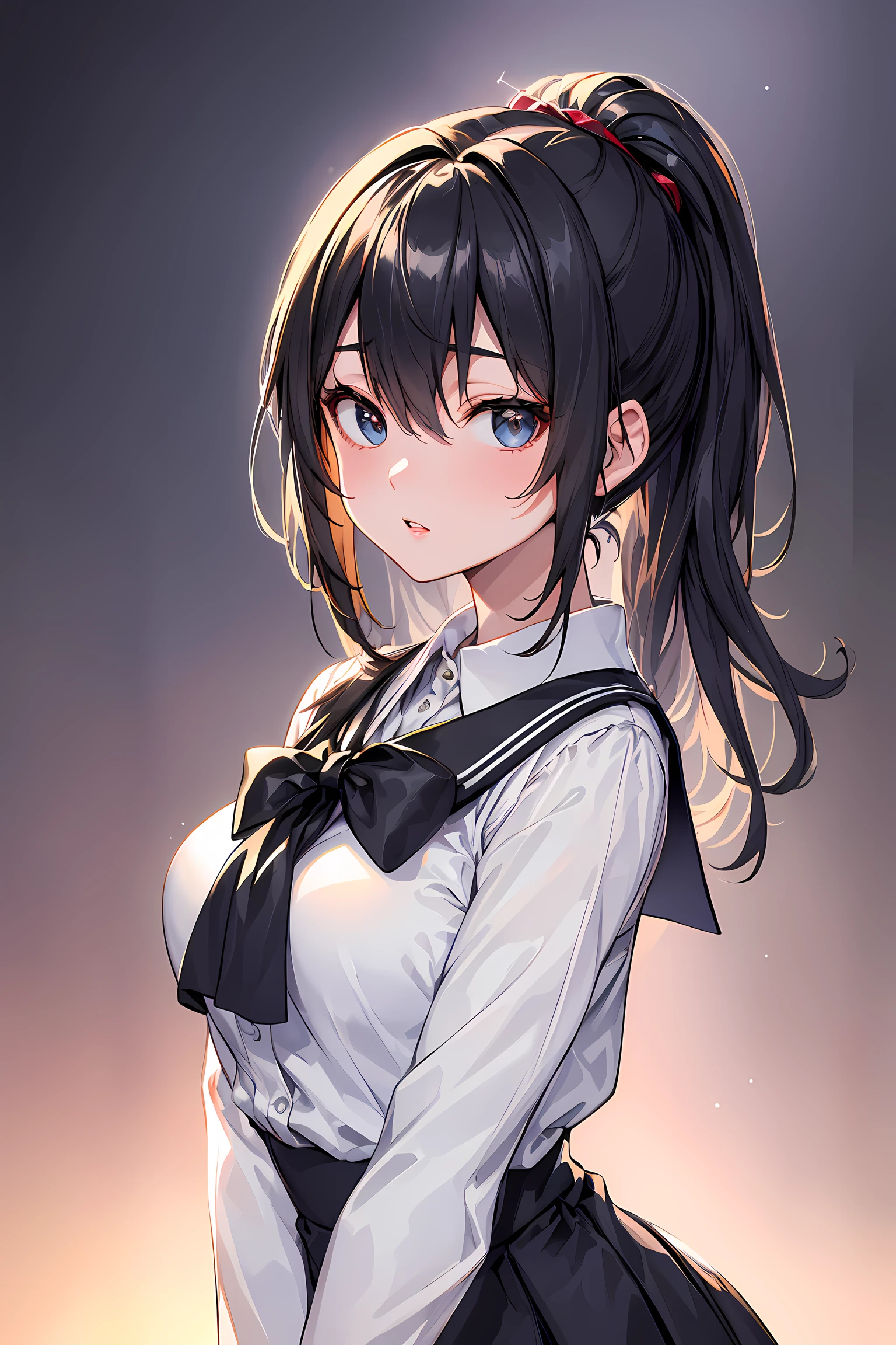 (1glasses girl:1.3, solo), (Audrey Hepburn:1.3), (a extremely pretty and beautiful Japanese woman), (sexy girl), (professional attire:1.3), (22 years old: 1.1), (from below:1.3), (low angle:1.3), (ground level shot:1.3), (girl on top:1.3), (arms behind back between legs:1.3), (attractive random posing:1.3), (in the queenroom:1.3), (starring at you:1.3), break, (bobble ponytail:1.3), (shiny-black thin hair:1.2), bangs, dark brown eyes, beautiful eyes, princess eyes, (big eyes:1.3), bangs, Hair between eyes, short hair:1.3, (slender:1.1), (small-medium-breasts:0.95), (thin waist: 1.15), (detailed beautiful girl: 1.4), Parted lips, Red lips, full-make-up face, (shiny skin), ((Perfect Female Body)), (Upper Body Image:1.3), Perfect Anatomy, Perfect Proportions, (most beautiful Korean actress face:1.3, extremely cute and beautiful Japanese actress face:1.3), BREAK, (View viewer, wearing a school girl uniform, (insanely detailed collared sailor shirt:1.3, long-sleeve:1.3), (black box-skirt:1.3), detailed clothes, BREAK, (detailed classy queenroom background:1.2), (dark background), (Studio soft lighting: 1.3), (fake lights: 1.3), (backlight: 1.3), BREAK, (Realistic, Photorealistic: 1.37), (Masterpiece, Best Quality: 1.2), (Ultra High Resolution: 1.2), (RAW Photo: 1.2), (Sharp Focus: 1.3), (Face Focus: 1.2), (Ultra Detailed CG Unified 8k Wallpaper: 1.2), (Beautiful Skin: 1.2), (pale Skin: 1.3), (Hyper Sharp Focus: 1.5), (Ultra Sharp Focus: 1.5), (Beautiful pretty face: 1.3), (super detailed background, detail background: 1.3), Ultra Realistic Photo, Hyper Sharp Image, Hyper Detail Image,