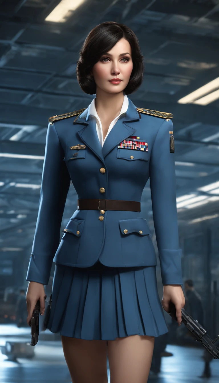 (highest resolution, distinct_image), best quality, masterpiece, highly detailed, semi realistic, a woman with black shoulder length hair, black pupils, mature, mature woman, imperial sister, sexy, short hair, triple bangs, light blue uniform, light blue uniform jacket, soldier, light blue pleated skirt, military uniform, fighter front, future, science fiction, universe