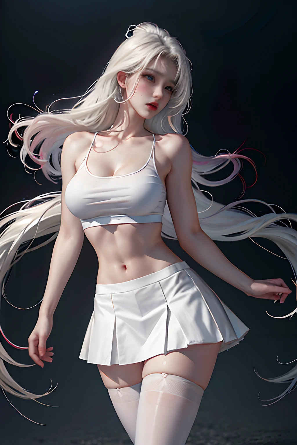 realisticlying,A high resolution,1个Giant Breast Girl,White wavy curls,korean people,Heterochromic eyes,Loose white shirt ,Sports tops,black micro skirt,long leges,Tight abs,Sexual lip biting,standing on your feet,