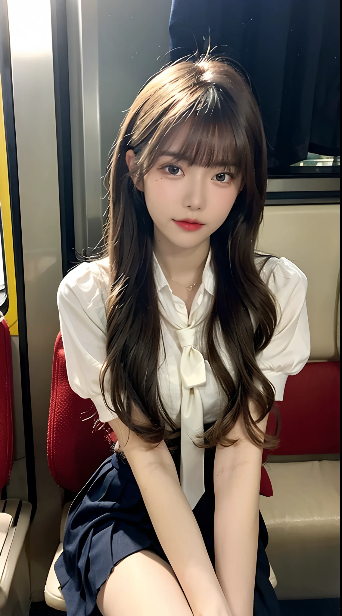 (masterpiece, bestquality:1.2), 10, 15 me, 85 mm., official art, RAW photo, Absurd, white blouse, pretty face, Up Close, Upper body, Violaceaess, Gardenia, beautiful girl, School uniform, (Navy pleated skirt:1.1), Curly waist, thights, short sleeves, In the train, Sit on the bench seat..........., looking at the audience, no makeup, (smile:0.4), grain of film, Chromatic aberration, crisp focus, face lights, Clear lighting, adolescent, detailed face, Bokeh background, (Dark red tie:1.1)