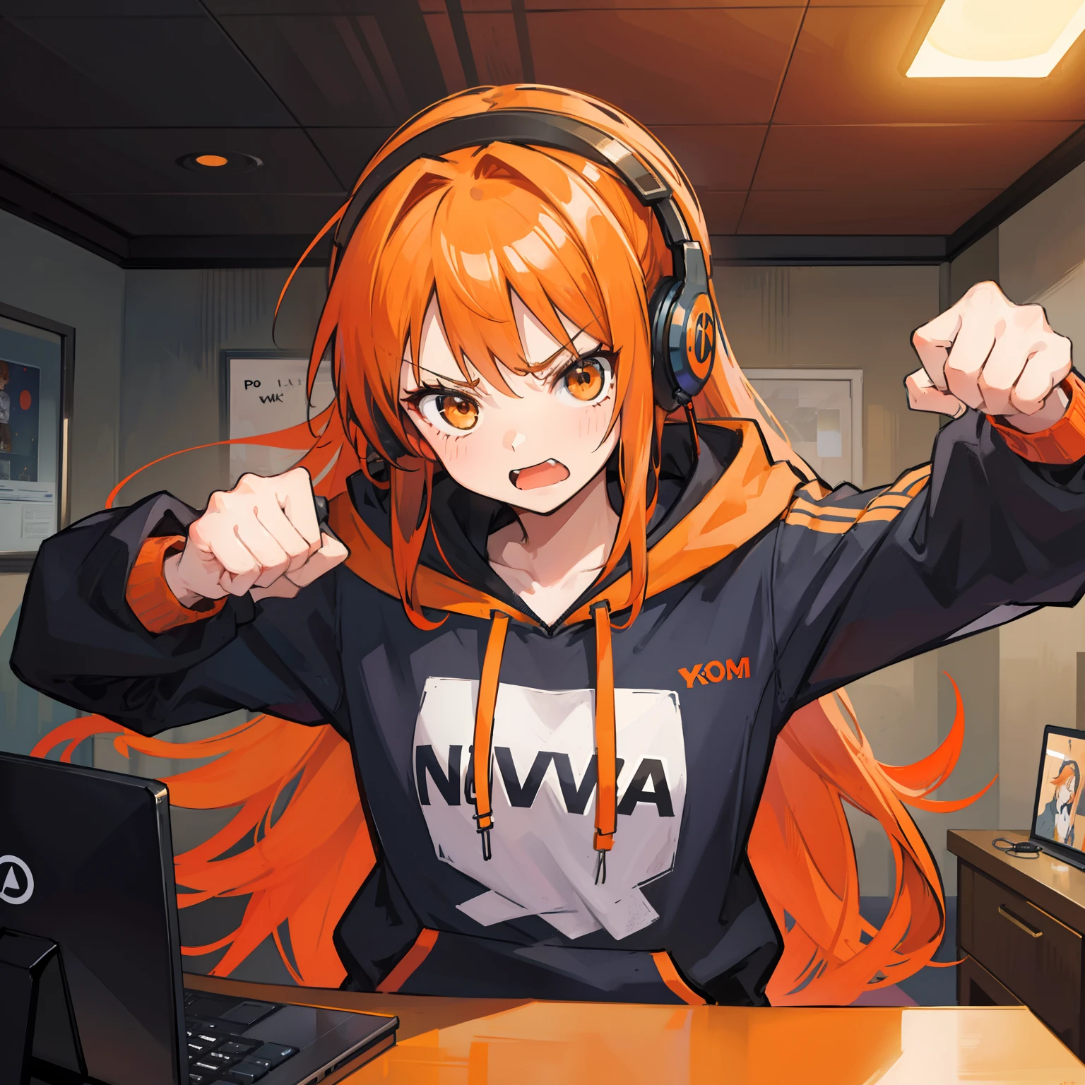 Angry woman in hoodie, long orange hair, And the headphones were slamming her fist on a low table, Make dynamic movements, Only the upper body is visible on the table, Game Controllers, a computer, And her room. ,Room