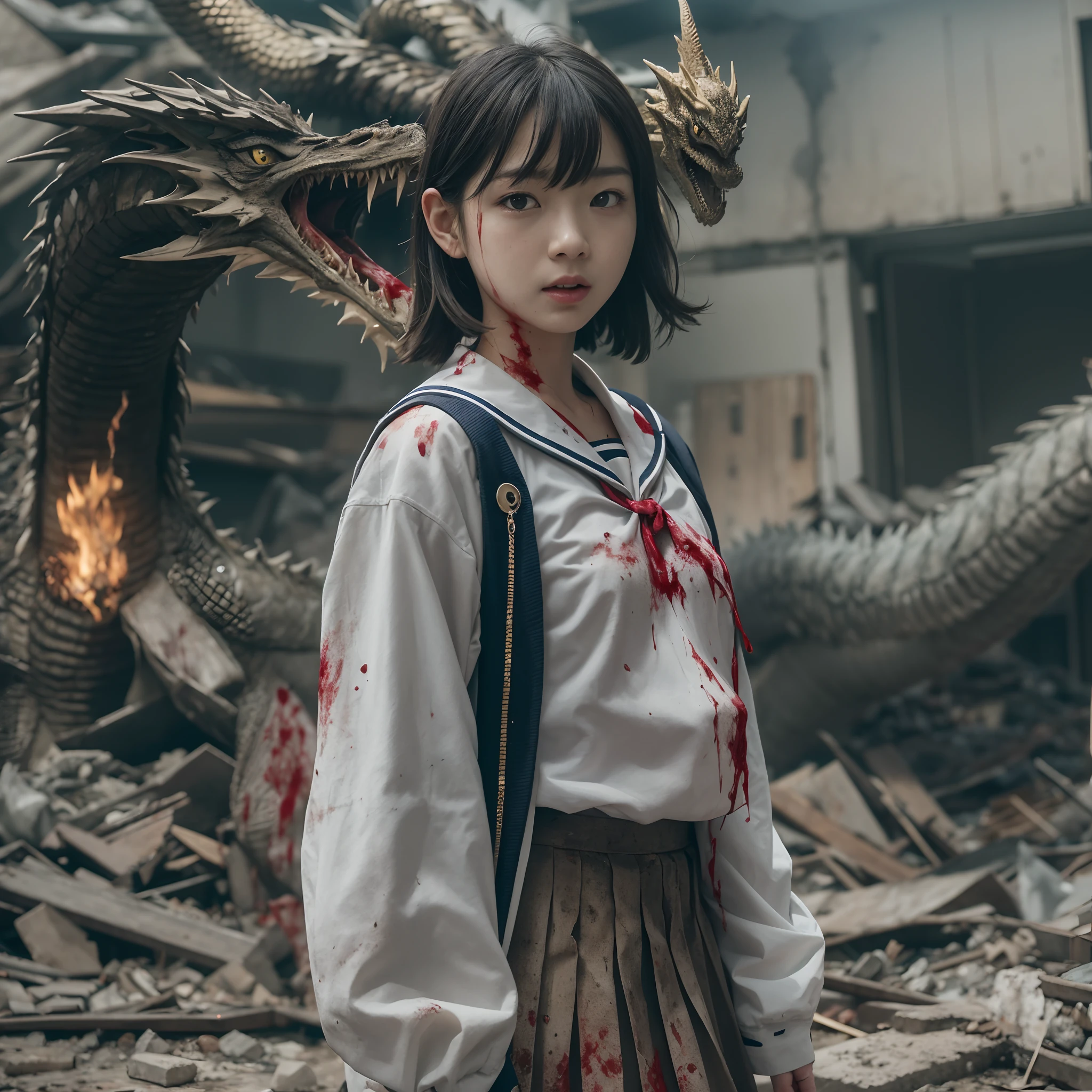 (in 8K、RAW Photos、top-quality、​masterpiece:1.2)、(realisitic、Photorealsitic:1.37)、ultra-detailliert、超A high resolution、(King Ghidorah、Golden Dragon:1.2)、Beautiful -yeld hischool girl in Japan attacked by giant King Ghidorah in devastated Tokyo、terrified expression、School Uniforms、Schoolgirl Uniform、(Torn and dirty tattered sailor suit:1.2)、disheveled clothing、ripped fabric、(Clothes with blood stains:1.2)、Short pleated skirt、(Torn skirt:1.2)、Dirty hair、smudged face、(skin stained with blood and dust:1.2)、Running through the rubble、building crumbling、Burning flame、stunningly beautiful face、dynamic ungle、动态照明