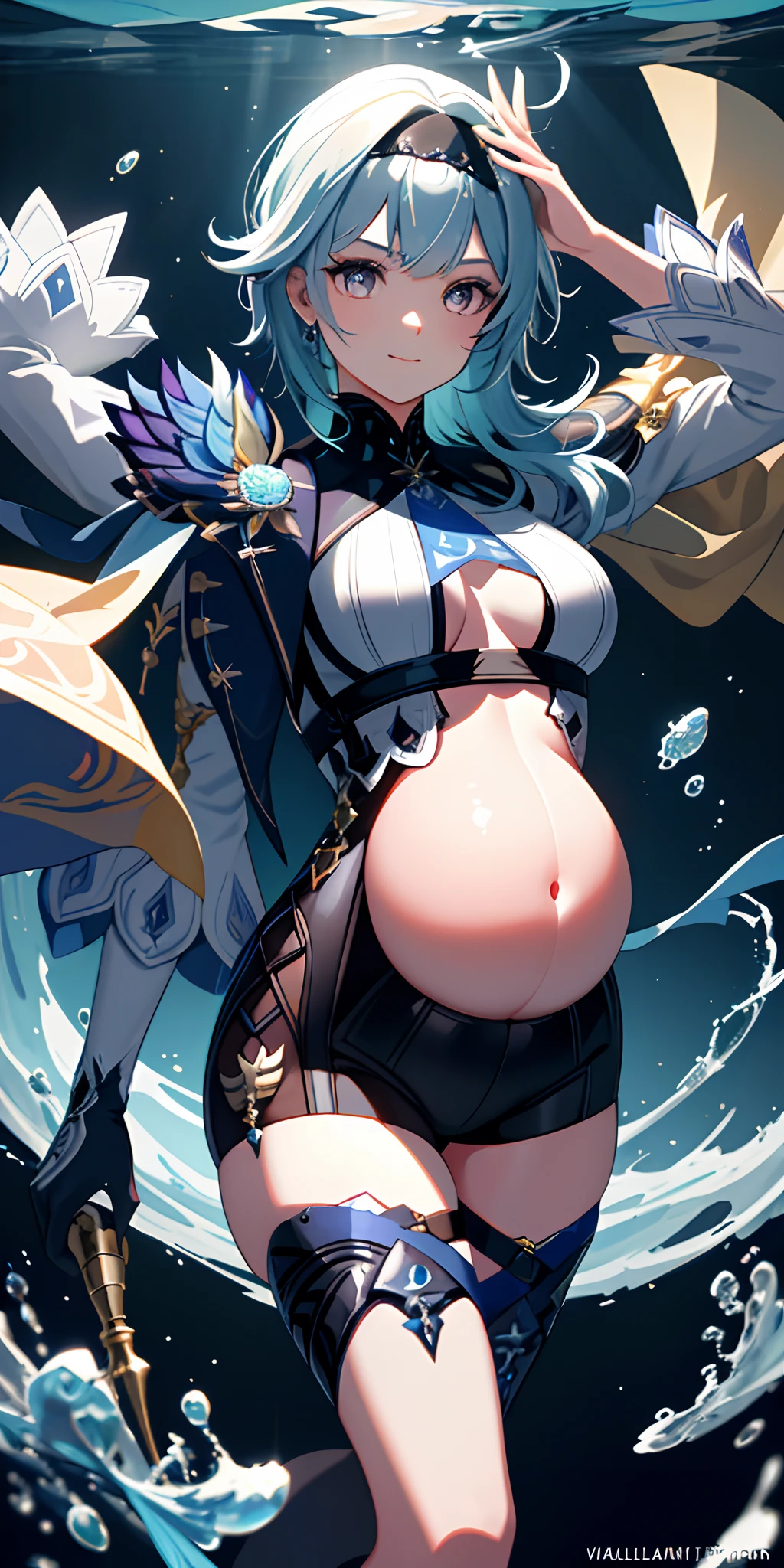[(Transparent background:1.5)::5],(((Masterpiece))),(((Best quality))),(((Extremely detailed))),illustration, 1girll,Solo,mysterious,vivd colour,Shiny, Underwater transparent sealed blue sky(White hair),(Purple eyes), full bodyesbian,Barefoot,Long hair is calm and natural, Koi,Underwater, Dome,Close up,Dynamic actions,Lens perspective,(((Box composition))),, voluminetric lighting, multi colored eyes, Detailed eyes, ultra - detailed,Light smile, Highly detailed, Beautiful, small detailed, Ultra detailed, Best quality, Intricate, 4K, 8K, trending on artstationh, Good anatomy, Beautiful lighting, Award-winning,Pregnant belly，Pregnant belly