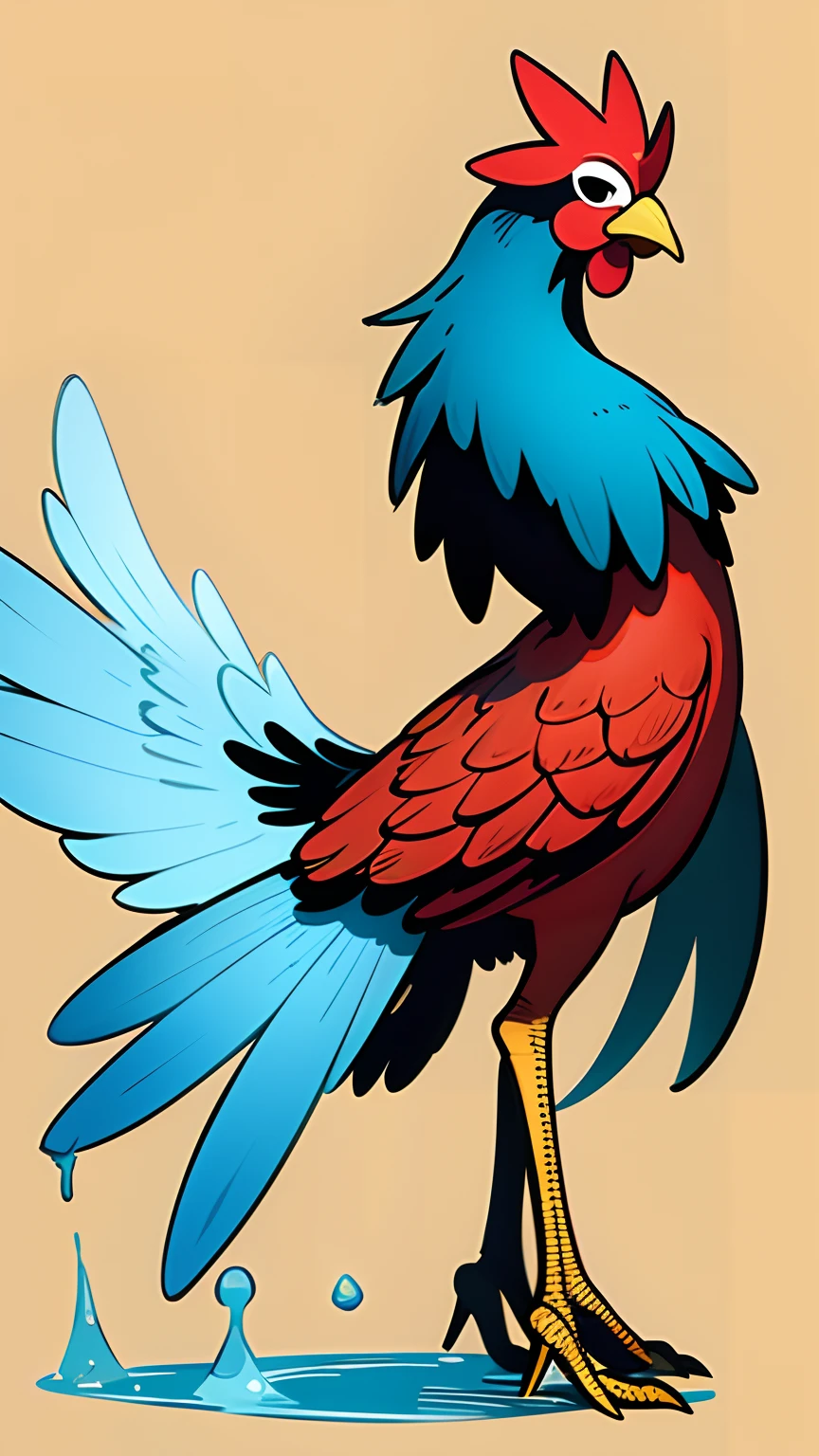 (hyper-detailing,超高分辨率,detailedbackground),((2D)),((flatcolors)),((a color)),((Floating colored water),An anthropomorphic chicken,dressed stylishly,Functional wind,Cool back