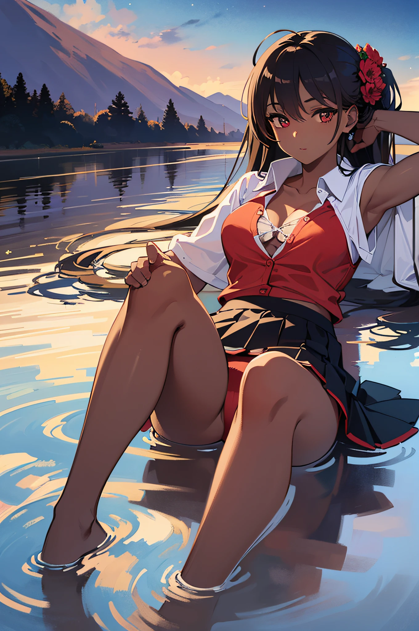 (maximum quality image, masterpiece), detailed landscape, tranquil lake (reflecting the vibrant sky at dusk),nuances of colors,1 girl, ((dark skin)) , ((mini skirt)), ((red panties)),((legs spread)) resting,quiet, beautiful ultrashark, 8k, masterpiece.