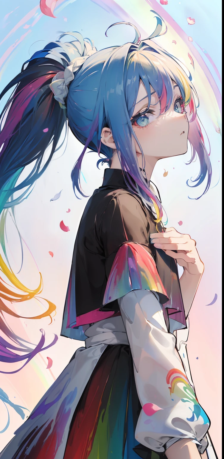 (T-shirt Pink Fashion: 1.9),(Cabelo colorido: 1.8), (all colors of the rainbow: 1.8),(((((pintura vertical:1.6))), (pintura:1.6),frente, banda desenhada, Illustrations, pinturas, olhos grandes, olhos cristalinos,( Color gradient rainbow high ponytail:1.7), maquiagem requintada, boca fechada,(Small Fresh: 1.5),(Limpar peito: 1.6), long eyeslashes, T-shirt branca fora do ombro, camisa de ombro branco, looking up at the audience, grandes olhos lacrimejantes, (rainbow colored hair:1.6), respingo de cor, (solo: 1.8), respingo de cor, burst of colour, estilo de pintura grossa, messy lines, ((brilhante)), (colorido), (colorido), (colorido), colorido, estilo de pintura grossa, (splash) (respingo de cor), pintura vertical, parte superior do corpo, respingo de tinta, Acrylic Pigment, gradiente, tinta, mais alta qualidade de imagem, mais alta qualidade, obra-prima, solo, profundidade de campo, pintura facial, roupas coloridas, (elegante: 1.2), lindo, cabelo longo, vento, (elegante: 1.3), (Petals: 1.4),((obra-prima))),((melhor qualidade))),((ultra-detalhado)),(illustration),(dinamic angle),((flutuante)),(pintura),((cabelo desgrenhado)),(solo),(1girl) , (((rosto anima detalhado))),((rosto detalhado anima)),(belo rosto detalhado)),colar,ombros nus,cabelos brancos, ((cabelo colorido)),((cabelo listrado)),(olhos detalhados bonitos,(gradient color eyes),((olhos coloridos))),(((fundo colorido))),(high saturated))),((cercado por respingos coloridos))),