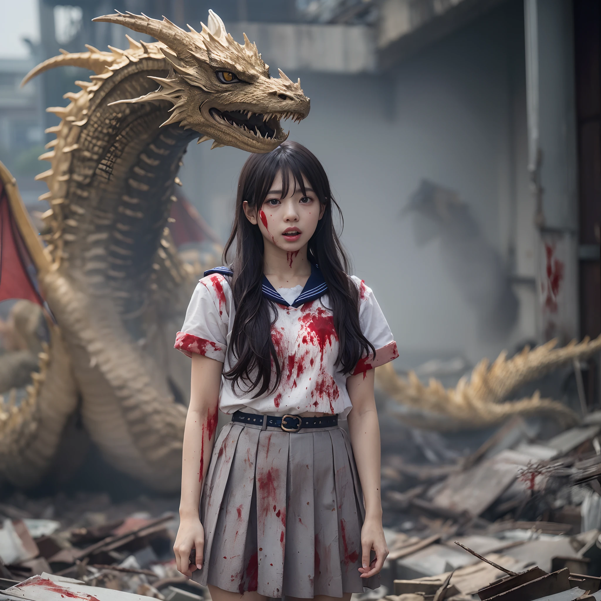 (in 8K、RAW Photos、top-quality、masterpiece:1.2)、(realisitic、Photorealsitic:1.37)、ultra-detailliert、超A high resolution、(King Ghidorah、Golden Dragon:1.2)、Beautiful -yeld hischool girl in Japan attacked by giant King Ghidorah in devastated Tokyo、terrified expression、School Uniforms、Schoolgirl Uniform、(Torn and dirty tattered sailor suit:1.2)、disheveled clothing、ripped fabric、(Clothes with blood stains:1.2)、Short pleated skirt、(Torn skirt:1.2)、Dirty hair、smudged face、(skin stained with blood and dust:1.2)、Running through the rubble、building crumbling、Burning flame、stunningly beautiful face、dynamic ungle、动态照明