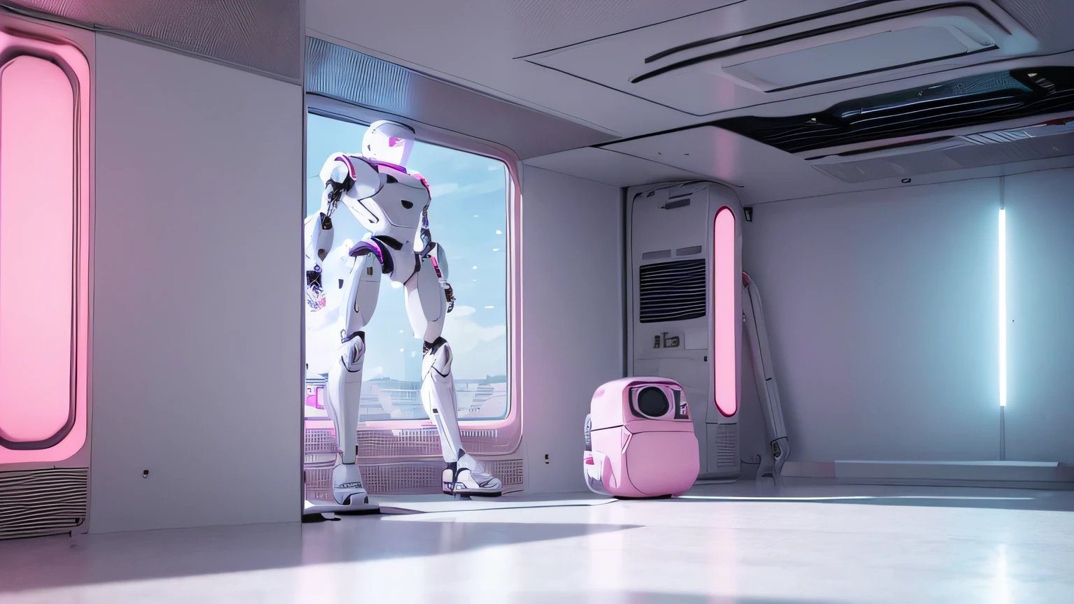 old photography filter, old photo, old camera. view from a balcony, 80s, Old 90s, 80s, futuristic 80s, White and Pink . a small empty room, with a male robot sitting on the sofa, white and blue. Technological details, futuristic. Music. Speakers. . a muscle robot. Alien structures, A robotic silhouette in the background, A distant robot man. music Alien structures, White and Pink , 8K, Realistic photo, deep color, fantastical, intricate detail, splash screen, complementary colors, 8k resolution trending on Artstation Unreal Engine 5" , Alien structures, music ,