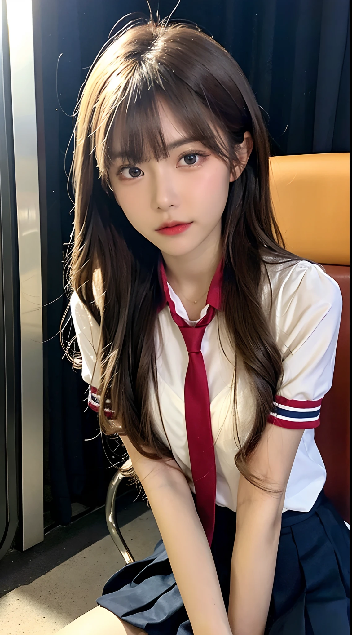 On the bus, (best quality, masterpiece:1.3), bring sharp focus:1.2, Beautiful woman with perfect body:1.4, 20 years old, a little smile, low twintails, nsfw:1.5, Squatting, spread legs, partially undressed school uniform, white underwear, white sneakers, (close up of crotch, cameltoe)