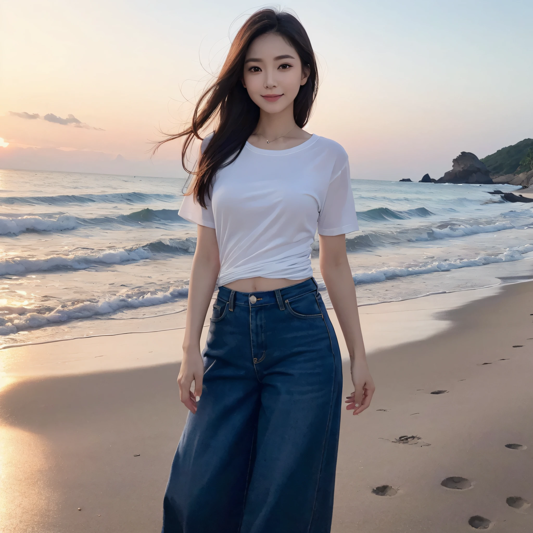 One lady、((best qualtiy、8k masterpieces:1.3))、foco nítido:1.2、(ultra beautiful faces:1.0)、(shinny skin:1.0)、photos realistic、A dark-haired、Video Lighting、High-definition eyes and face、Video Lighting、Japan actress with Korean-style makeup、from the front side、medium breasts、Smile、Slender Abs Beauty、Whole body、wearing t-shirts、On the beach at night