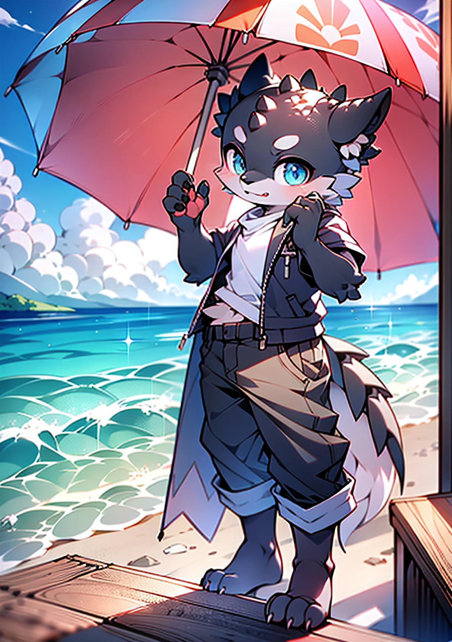 {soio},fox ear, Libido boy,{{Eight years old}}，white color hair，shorter pants，short- sleeved, Fat，Fluffy, The best quality eyes, are standing, Fluffy tail，clawed paws，Toothless,Correct unplaning diagram，Ultra-detailed fur，looks into camera，hyper cute face，greet，intricately details，super ultra detail，Scenes，sandbeach，sea beach，Sun umbrella，Top-down sunlight，amazing background，