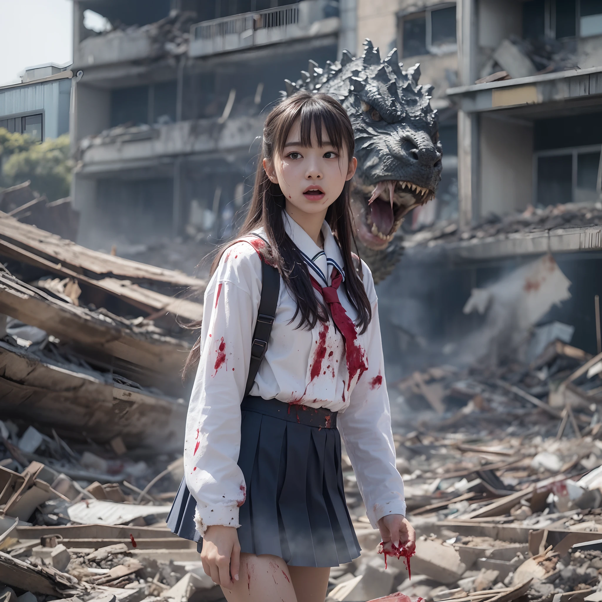(in 8K、RAW Photos、top-quality、​masterpiece:1.2)、(realisitic、Photorealsitic:1.37)、ultra-detailliert、超A high resolution、(Giant Dragon:1.2)、Beautiful 15-year-old high school girl in Japan attacked by a giant dragon in devastated Tokyo、terrified expression、School Uniforms、Schoolgirl Uniform、(Torn and dirty tattered sailor suit:1.2)、disheveled clothing、ripped fabric、(Clothes with blood stains:1.2)、Short pleated skirt、(Torn skirt:1.2)、Dirty hair、smudged face、(skin stained with blood and dust:1.2)、Running through the rubble、building crumbling、Burning flame、stunningly beautiful face、dynamic ungle、动态照明