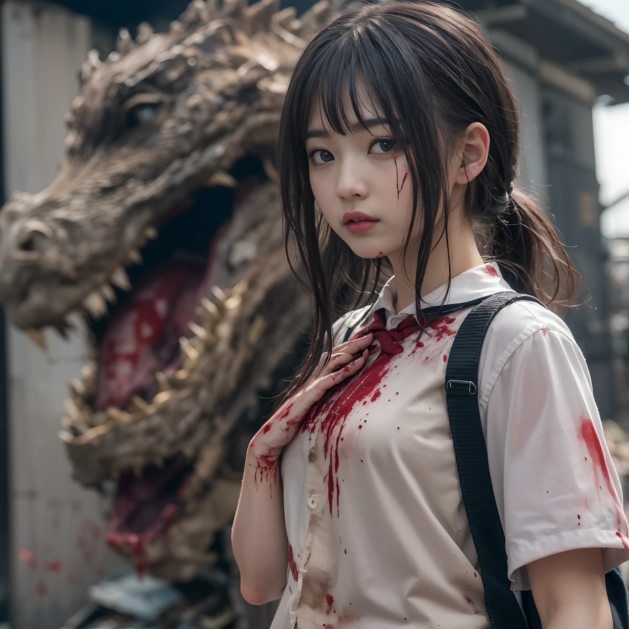 (in 8K、RAW Photos、top-quality、masterpiece:1.2)、(realisitic、Photorealsitic:1.37)、ultra-detailliert、超A high resolution、(Godzilla:1.2)、Beautiful 15-year-old high school girl in Japan attacked by Godzilla in devastated Tokyo、terrified expression、School Uniforms、Schoolgirl Uniform、(Torn and dirty tattered sailor suit:1.2)、disheveled clothing、ripped fabric、(Clothes with blood stains:1.2)、Short pleated skirt、(Torn skirt:1.2)、Dirty hair、smudged face、(skin stained with blood and dust:1.2)、Running through the rubble、building crumbling、Burning flame、stunningly beautiful face、dynamic ungle、动态照明