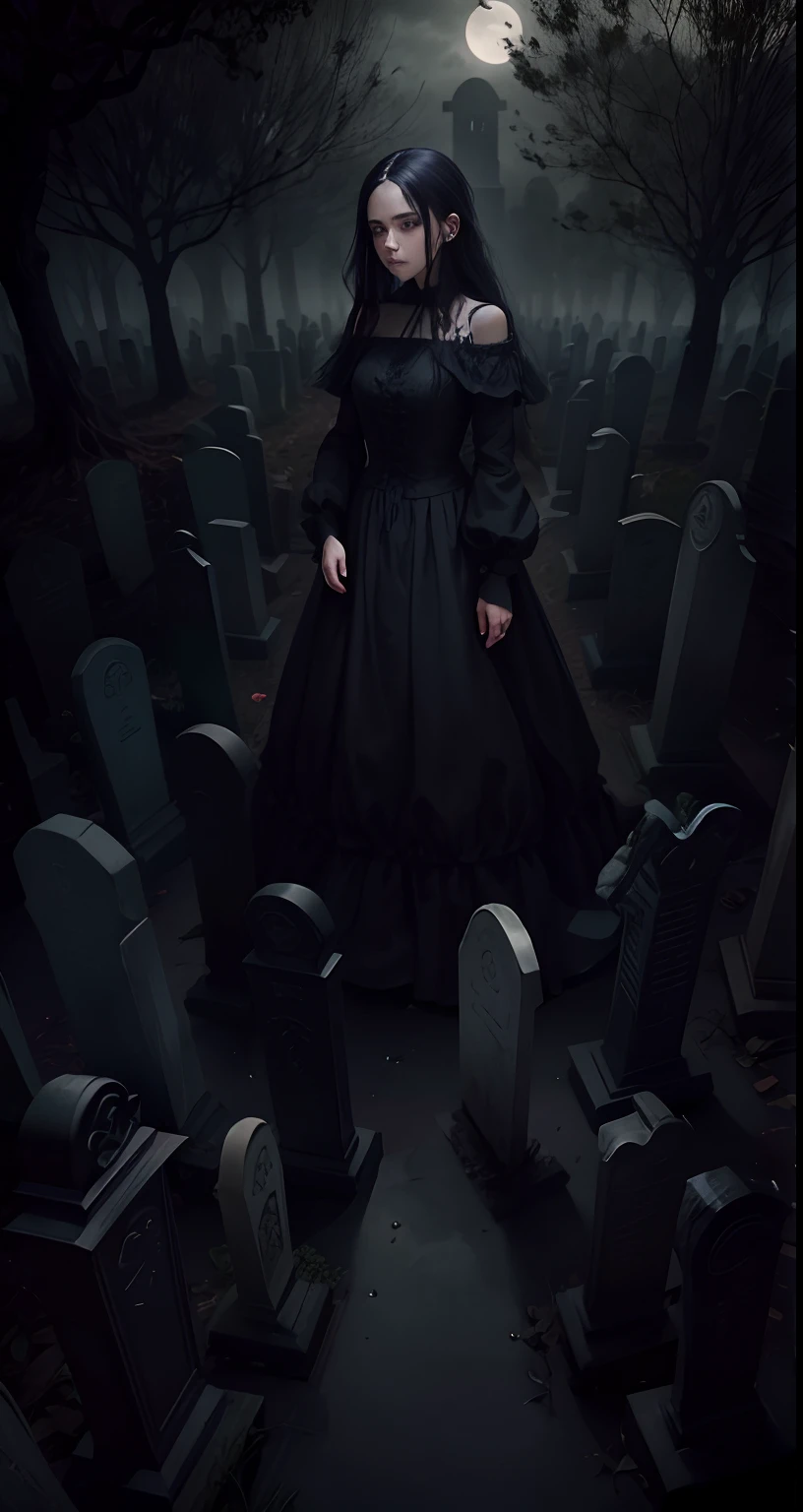 Spooky cemetery,natta,A girl in a long black dress,cabelos preto e longos,Without sunlight,Black Vine