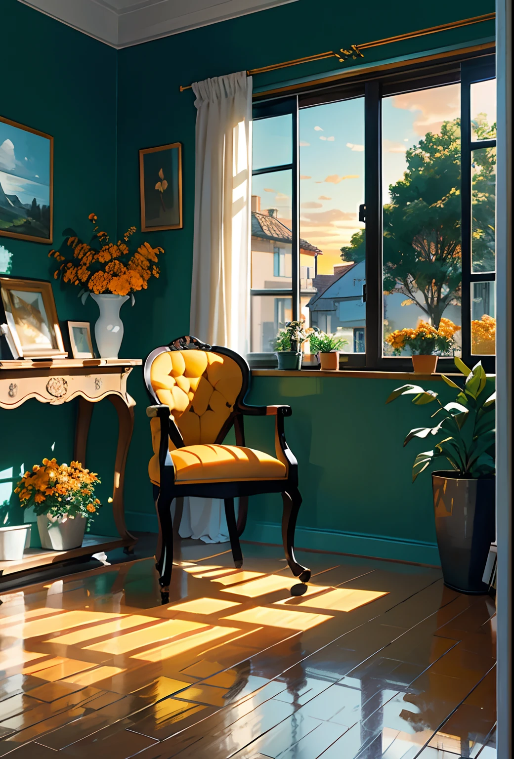 Terrace studio, immensity, Plants in pots, Lots of beautiful orange flowers,Figurines, rocking chair, The bird, Expensive and comfortable interior design, Creative studio, decor, Comfortable artist's studio, easel, Color Palette, acrylic paint, painting of a, big window, loggia, Artistically, desks, sofe, armchair, mirrors, crystal, A meditative, and harmonious, Lots of books on the wall, paintings in the walls, The view from the window, Mare, mont, Amazing sunset, floral arrangements, Paintwork, paint brushes, The artist's theme, ellegance, Dynamic and bright lighting, blissful, full-color, Colorful, synthetic, highest details, Super quality, finedetail, bright spots, neonlight, tmasterpiece, best colors
