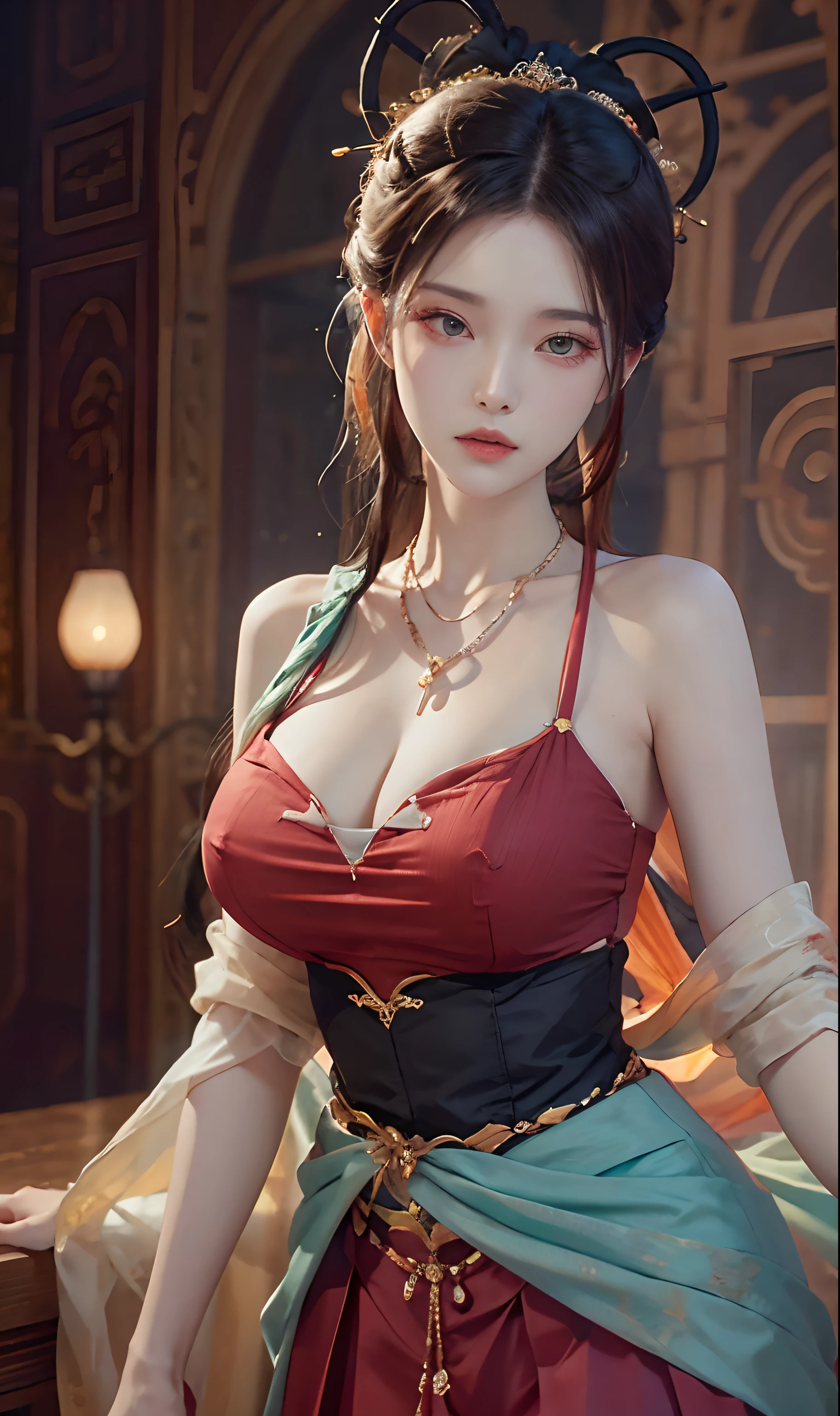 (RAW photogr,best qualtiy), best qualtiy, The is very detailed, tmasterpiece, ultra - detailed, illustratio, one-girl, (huge boob,cleavage), dynamic angle, best qualtiy, extremely detailed CG unity 8k wal,电影灯光,Dunhuang-style women wear waist skirts,Upper body dark red collared shirt,Wrapped in a heavy chest,The waist is just tied around the waist,Pendant with pressed skirt beads,The skirt is a pale white pleated skirt;Eyes like apricots,The lips are lit with vermilion rouge,With an intellectual temperament,Beautiful without losing stability and maturity。