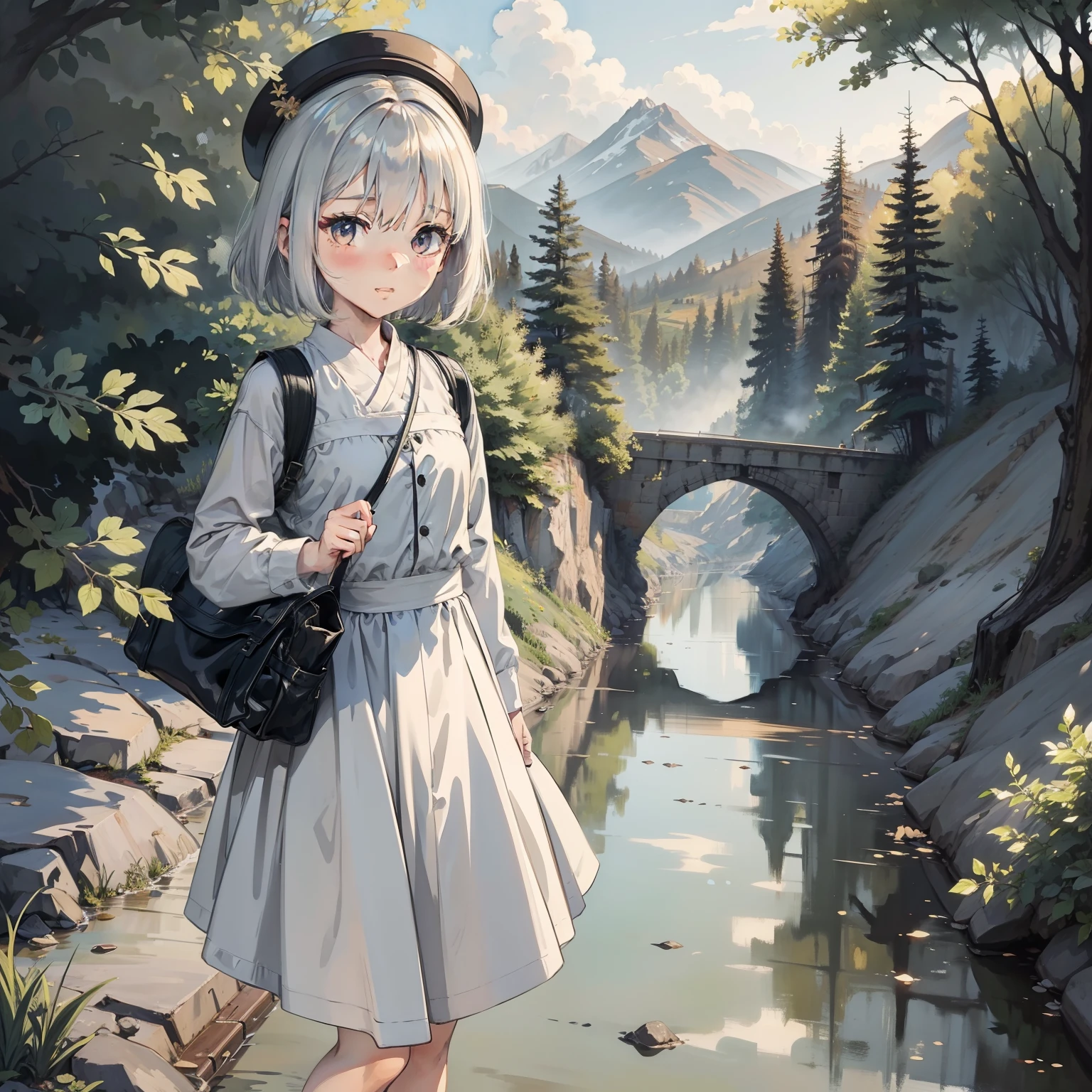 1girll, Girls standing on a steam engine train, dress, Silver dress, (Clothing that exposes:1.3), scenery, Best quality, 超高分辨率,Watercolor illustration, Perfect anatomy, Masterpiece, Best quality, 1girll, li,elSolo, (with short white hair:1.2), Elementary school unture, during night, beside a river, landscape