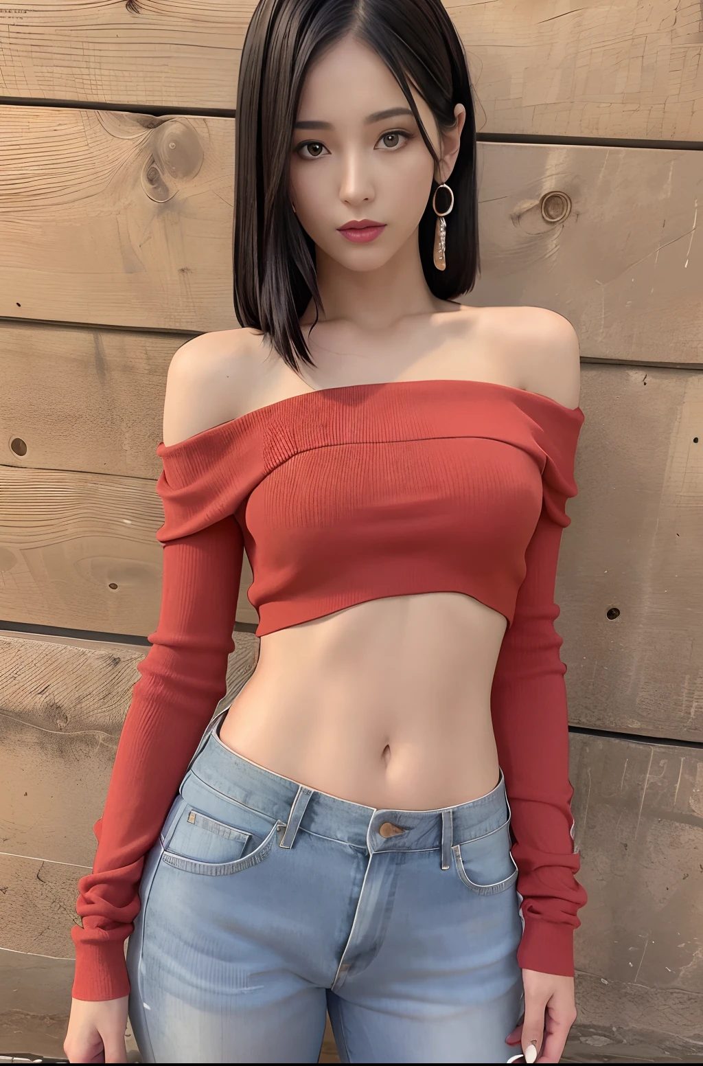 Best quality, masterpiece, ultra high res, (photorealistic:1.4), raw photo, 1girl, long straight black hair, makeup, parted lips,looking at viewer, (red blouse off shoulder), bare midriff, blue jeans trousers, half body crop