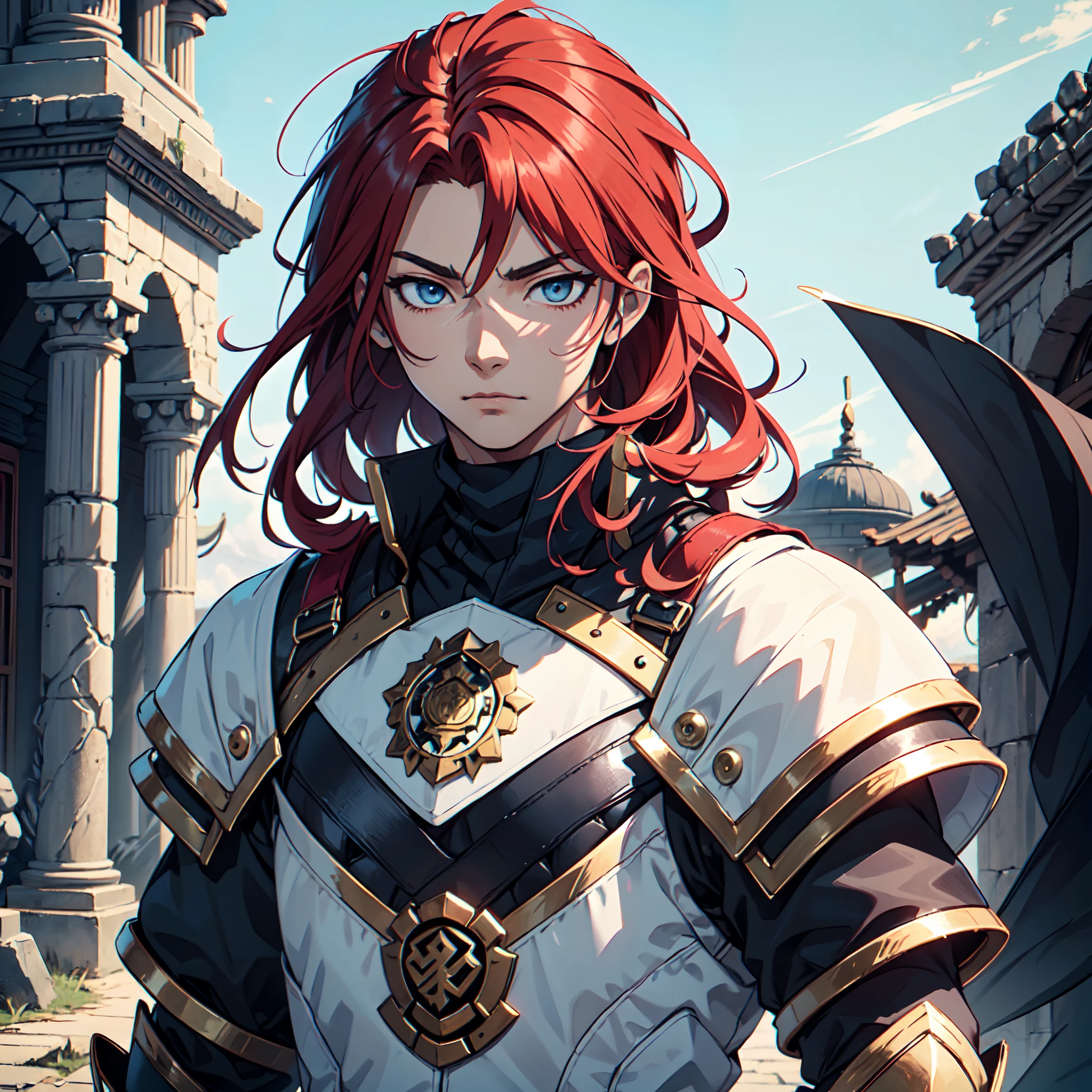 Ultra High Definition, Ultra High Quality, Extremely Detailed, Perfectly Detailed, Masterpiece, 8k, 1 Boy, Look A Like Xin From Kingdom Anime, Handsome, Equipped With All Solid Black Paladin Armor, Solid Light Blue Eyes, Long Red Hair, Body Shot, Ancient Kingdom Background