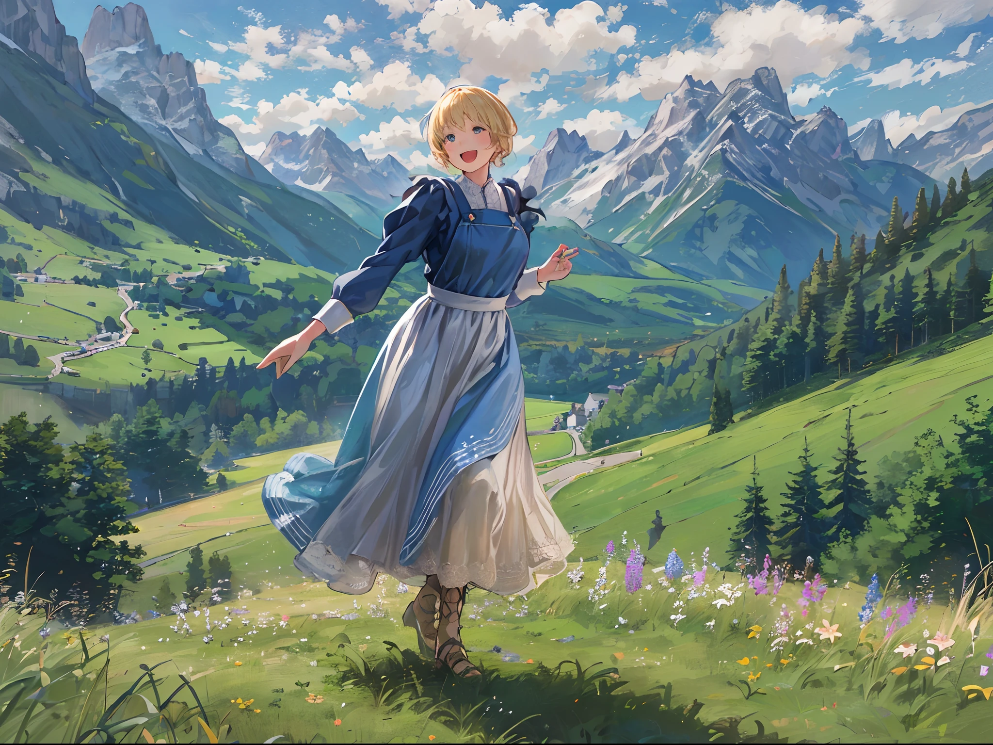 On a green hill overlooking the Alps, a short blonde woman sings cheerfully. She is twirling and dancing. Long dark blue long-sleeved dress and whitish pale blue apron. hight resolution, (Best Quality:1.2), Realistic, The overall image quality is of the highest caliber, with ultra-detailed and realistic rendering.