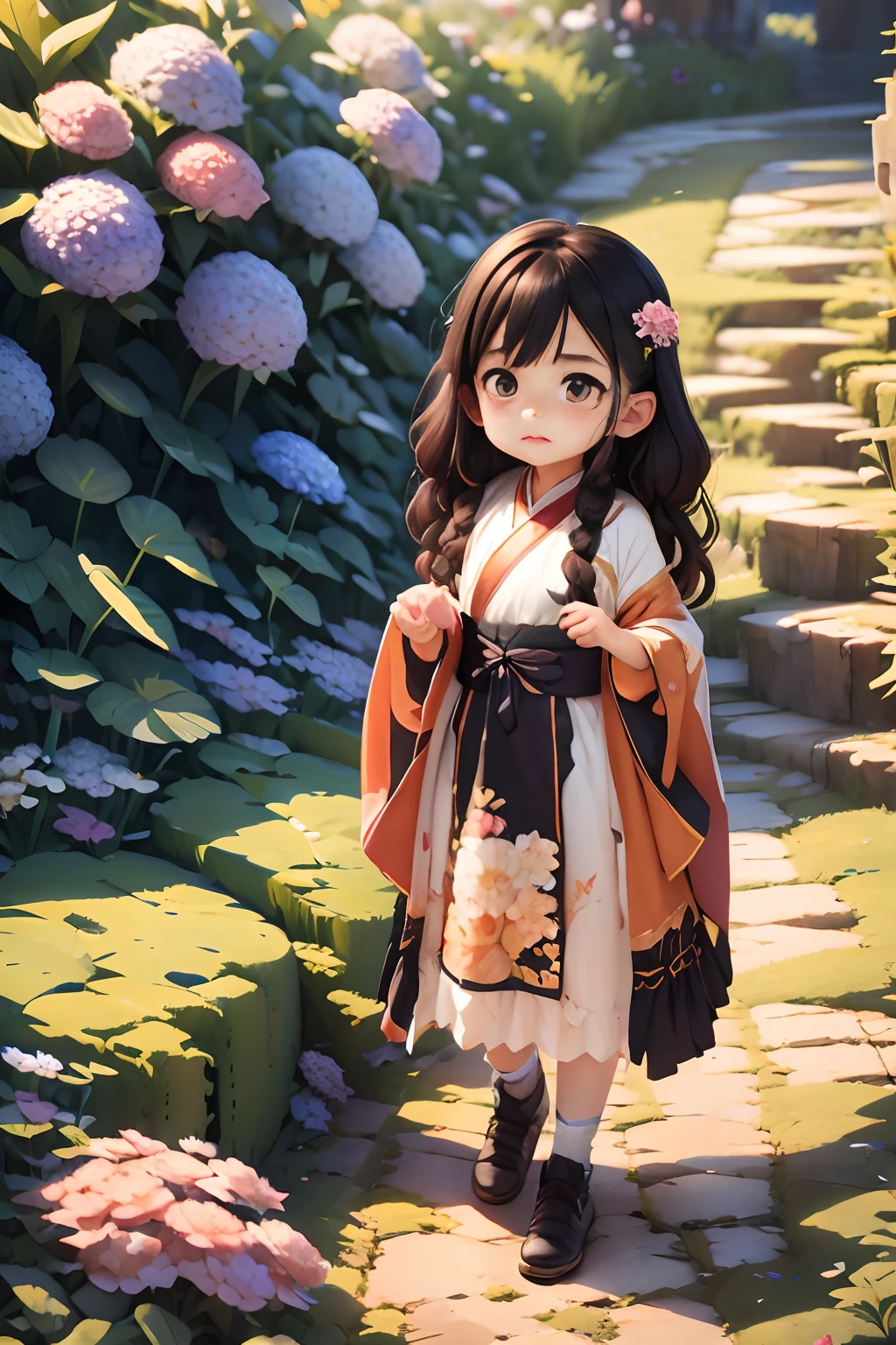 hydrangeas, Hanfu，for 6 ，girl，park, Lake, Small hills, Pebble path,anime big breast, Masterpiece, Best quality, Anatomically correct, High details, 8K, the wallpaper