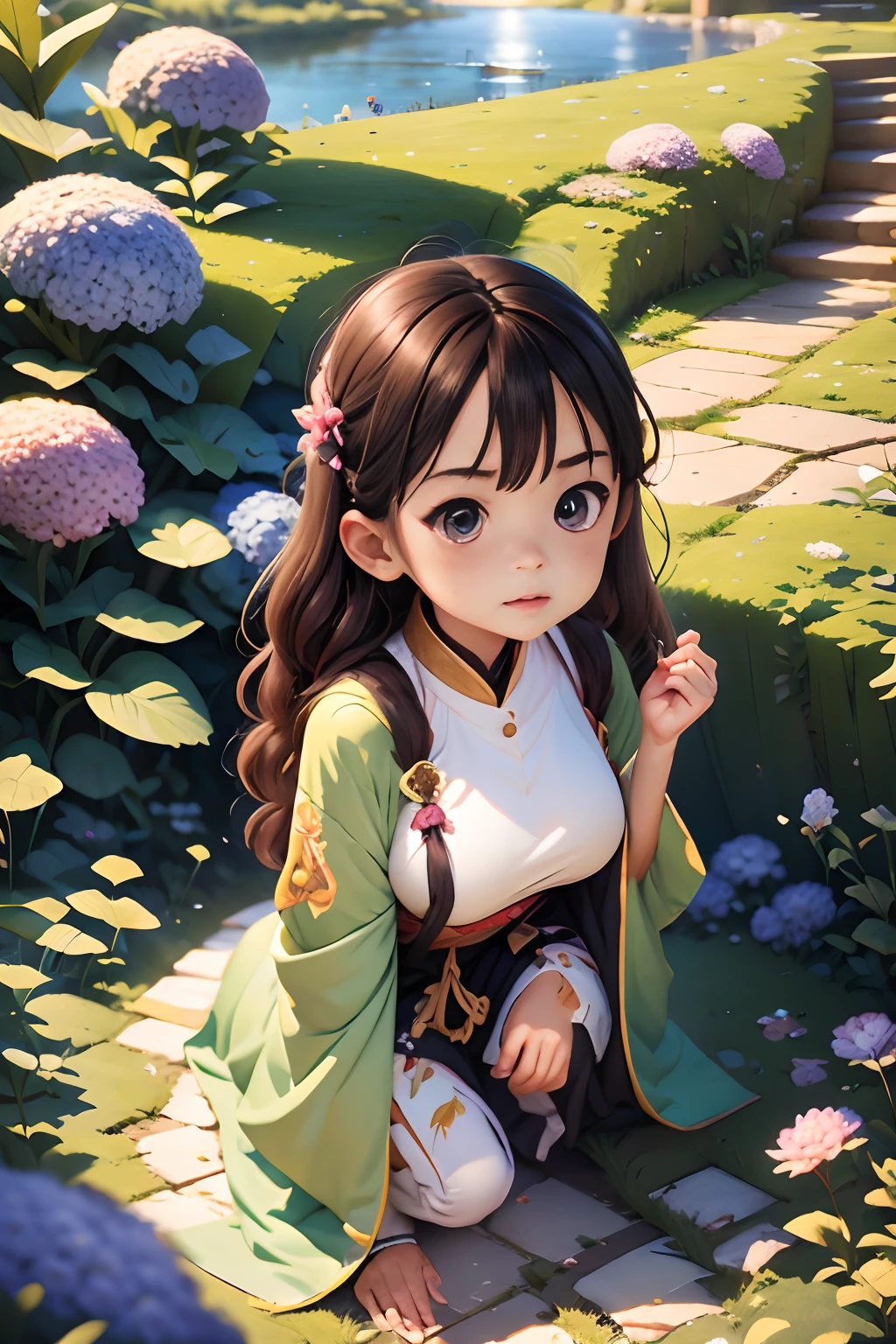 hydrangeas, Hanfu，for 6 years old，girl，park, Lake, Small hills, Pebble path,anime big breast, Masterpiece, Best quality, Anatomically correct, High details, 8K, the wallpaper