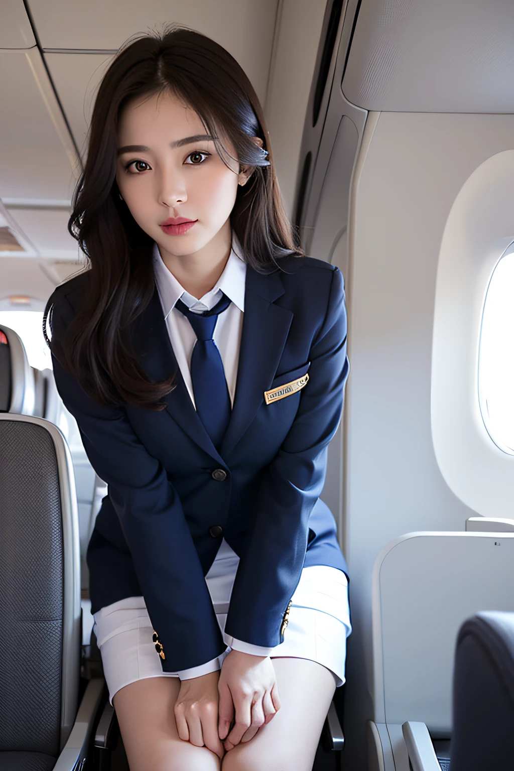 Top Quality, Masterpiece, 8K, Ultra High Definition, (Photorealistic: 1.4), 1 Girl, Beautiful Face, Symmetrical Eyes, Big, Perfect Body Proportions, Stewardess Uniform, Viewer's Look, (Inside the Airplane: 1.2), Front View, Shoulder Jump, Absolute Area (1.3),