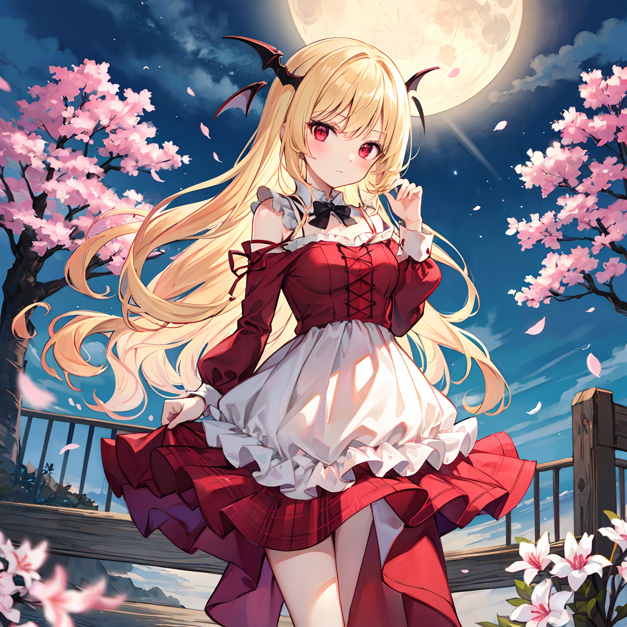 Wavy blonde、Vampire、red eyes、Beautiful girl alone、doress、a moon、cherry trees